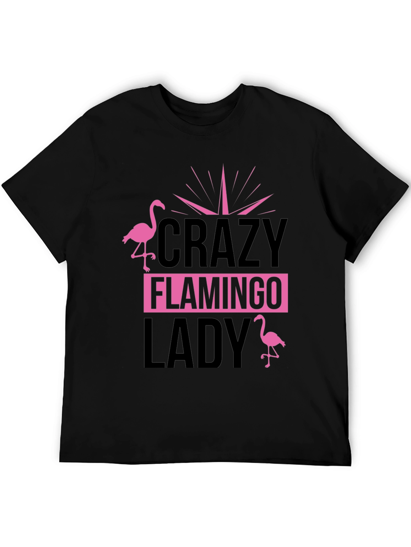 Black Crazy Flamingo Lady T-Shirt - Black Cotton Tee view 5