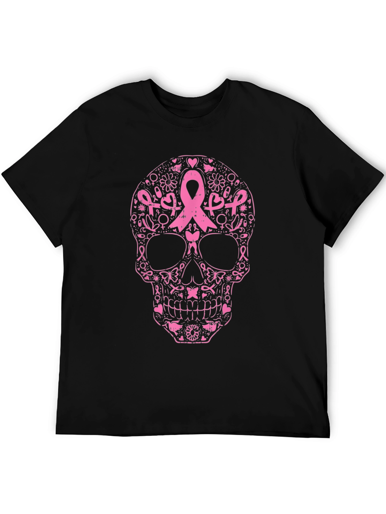 Black Pink Ribbon Skull Graphic Tee - Breast Cancer Awareness view 5