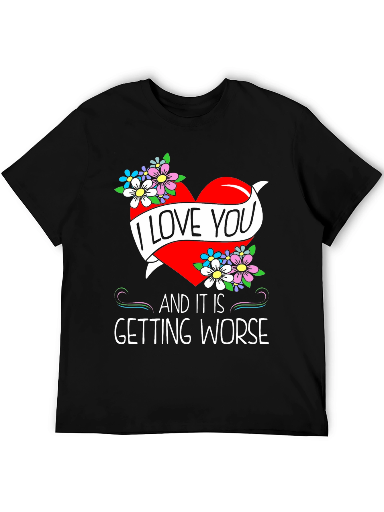 Black I Love You Graphic Tee - Novelty Heart & Flowers Design view 5