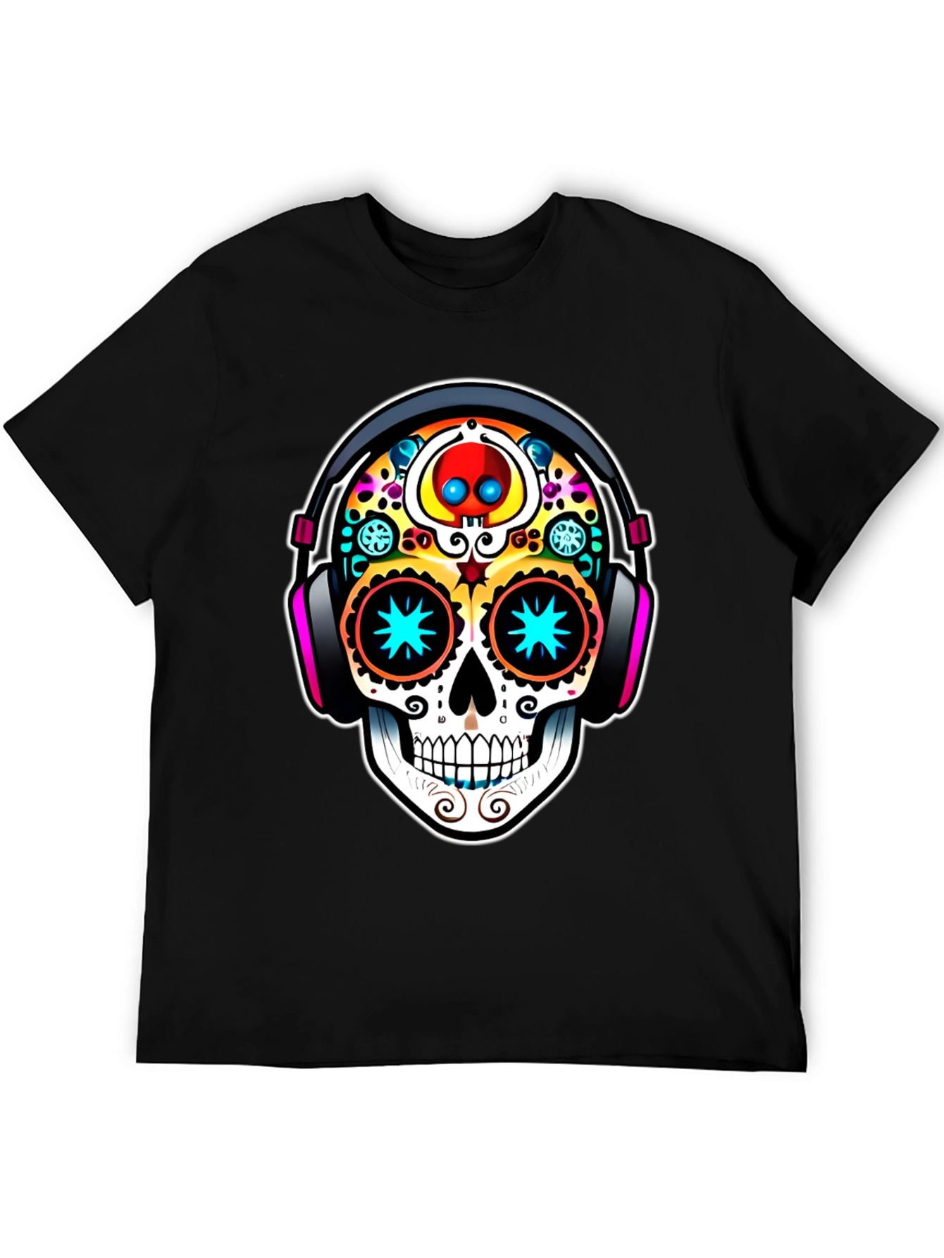 Black Skull DJ Black T-Shirt - Day of the Dead Style view 5