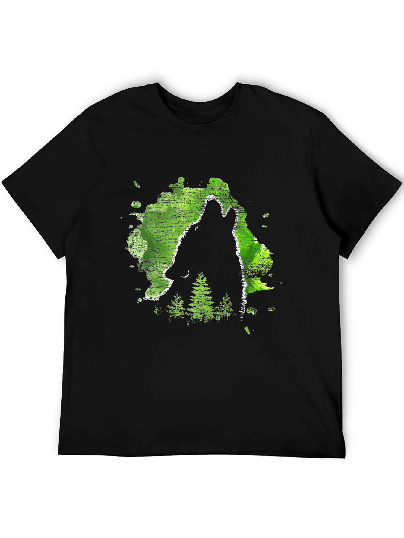 Black Wolf Howl Black T-Shirt, Green Forest Design view 5