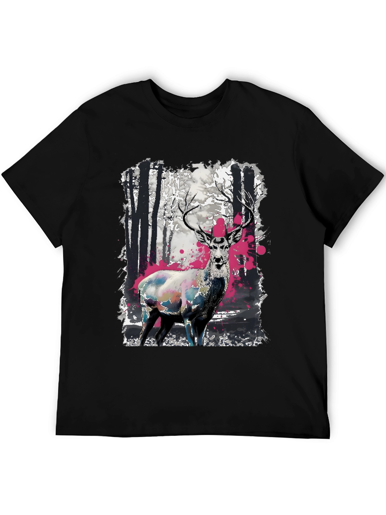 Black Deer in Forest Graphic Print Black T-Shirt view 5