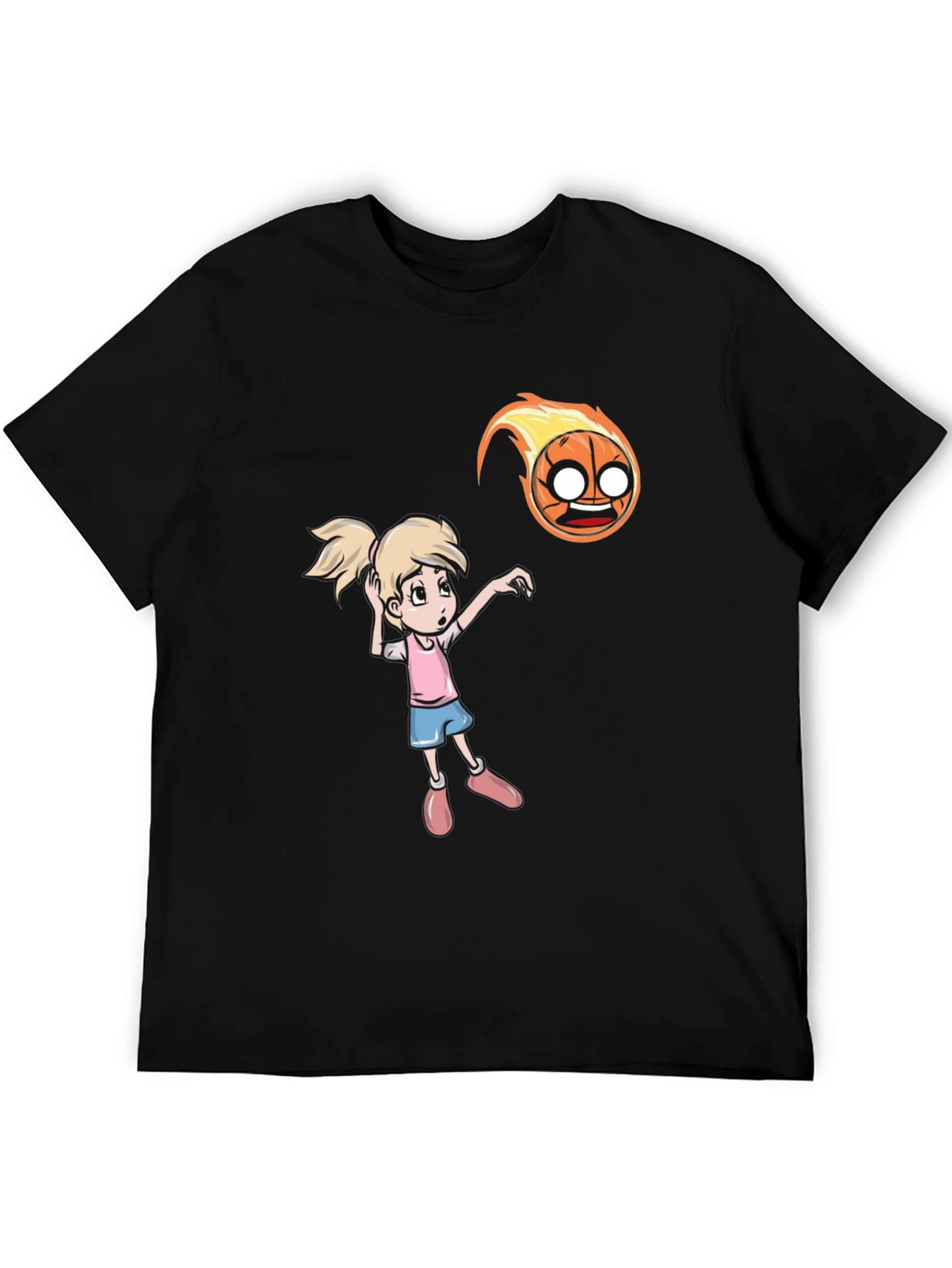 Black Cartoon Girl vs Flaming Basketball T-Shirt view 5
