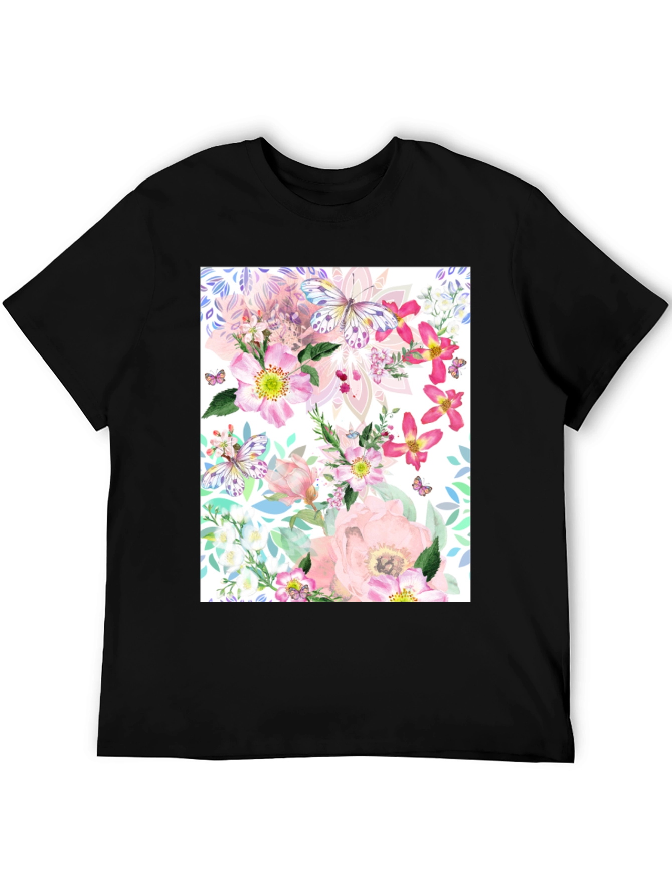 Black Floral Butterfly Print Black T-Shirt view 5
