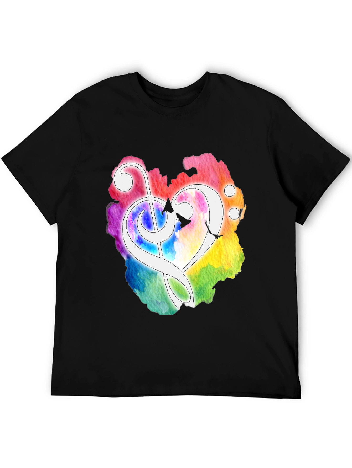 Black Watercolor Heart Treble Clef Black T-Shirt view 5