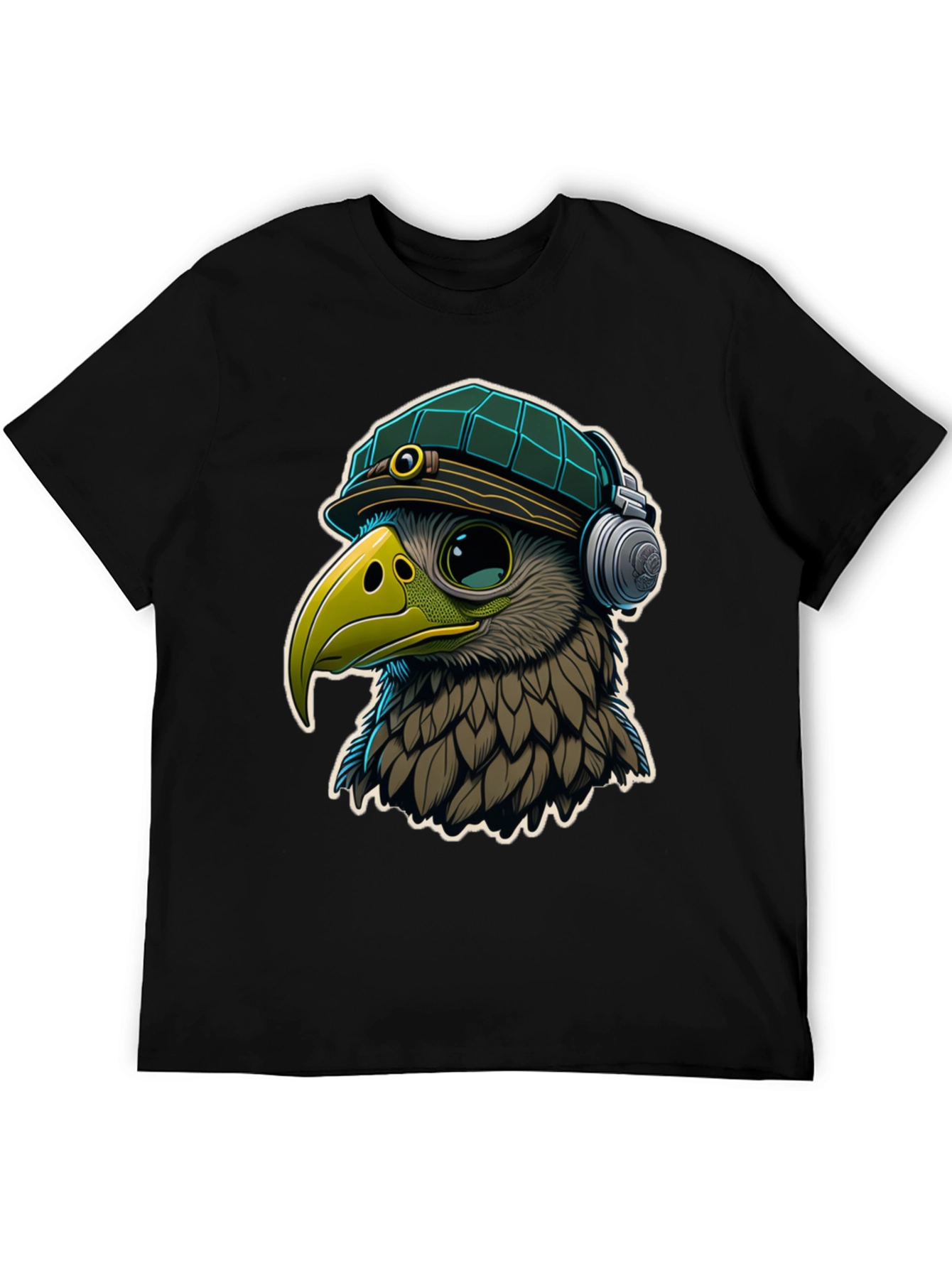 Black Cool Bird in Hat & Headphones Graphic Tee view 5