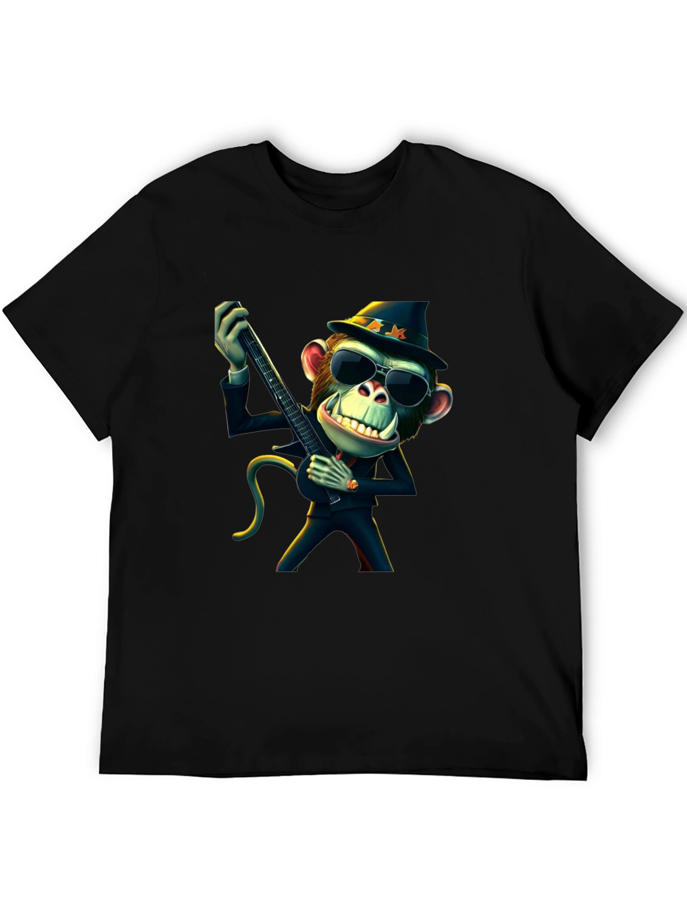 Black Cool Monkey Guitarist Black T-Shirt view 5