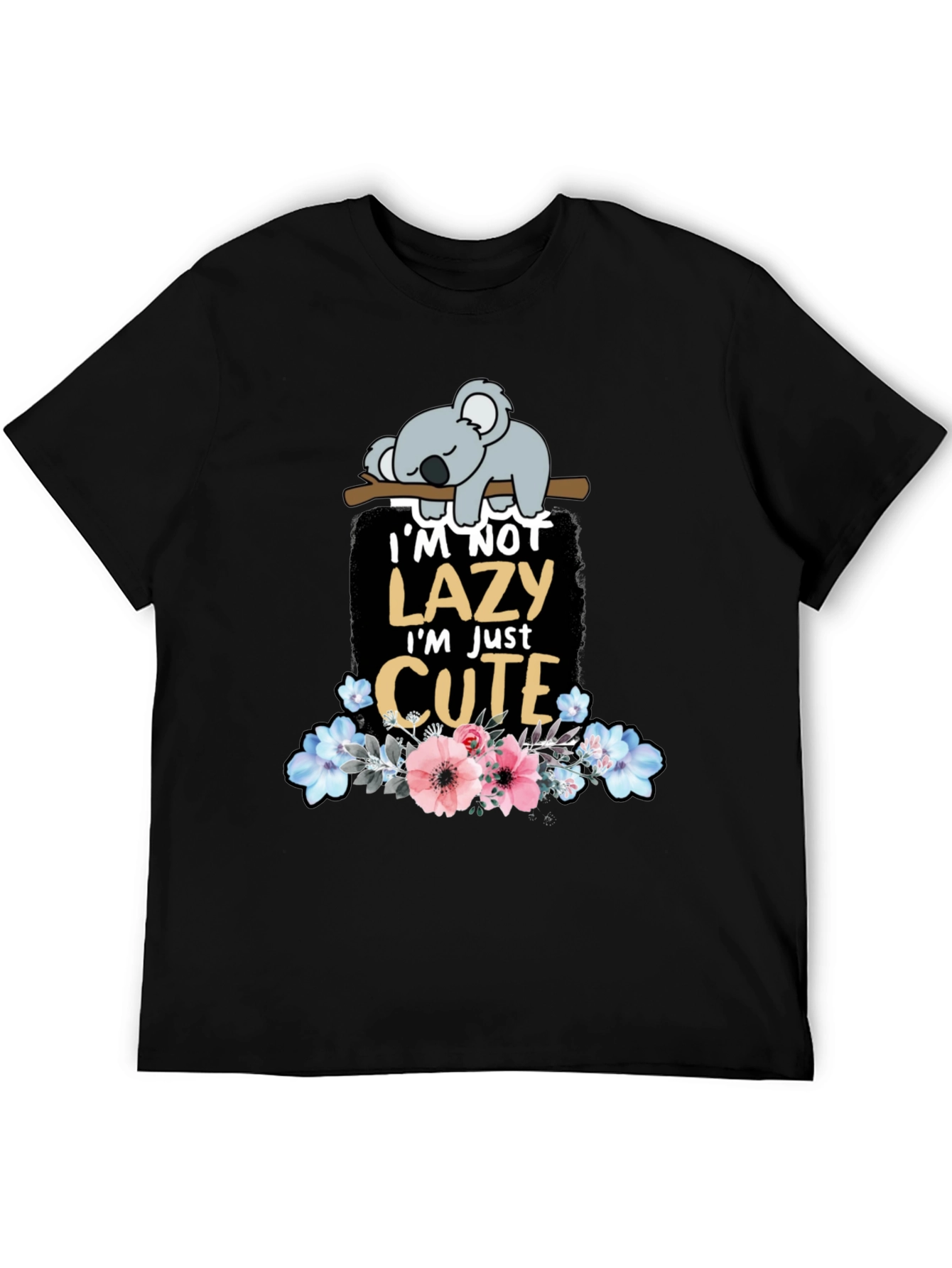 Black Lazy Koala T-Shirt: Cute Floral Design view 5