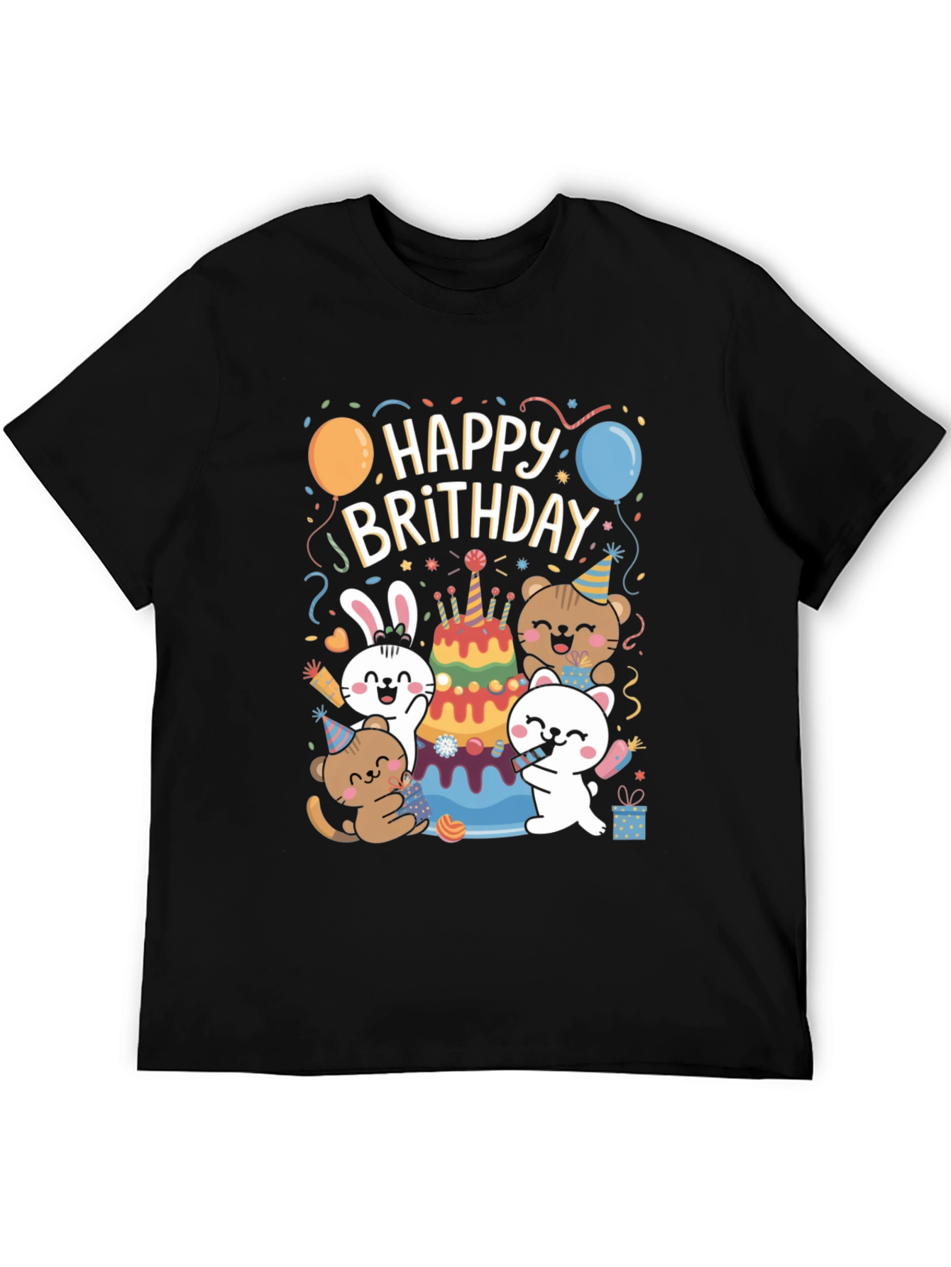 Black Happy Brithday T-Shirt With Cute Animal Graphics view 5
