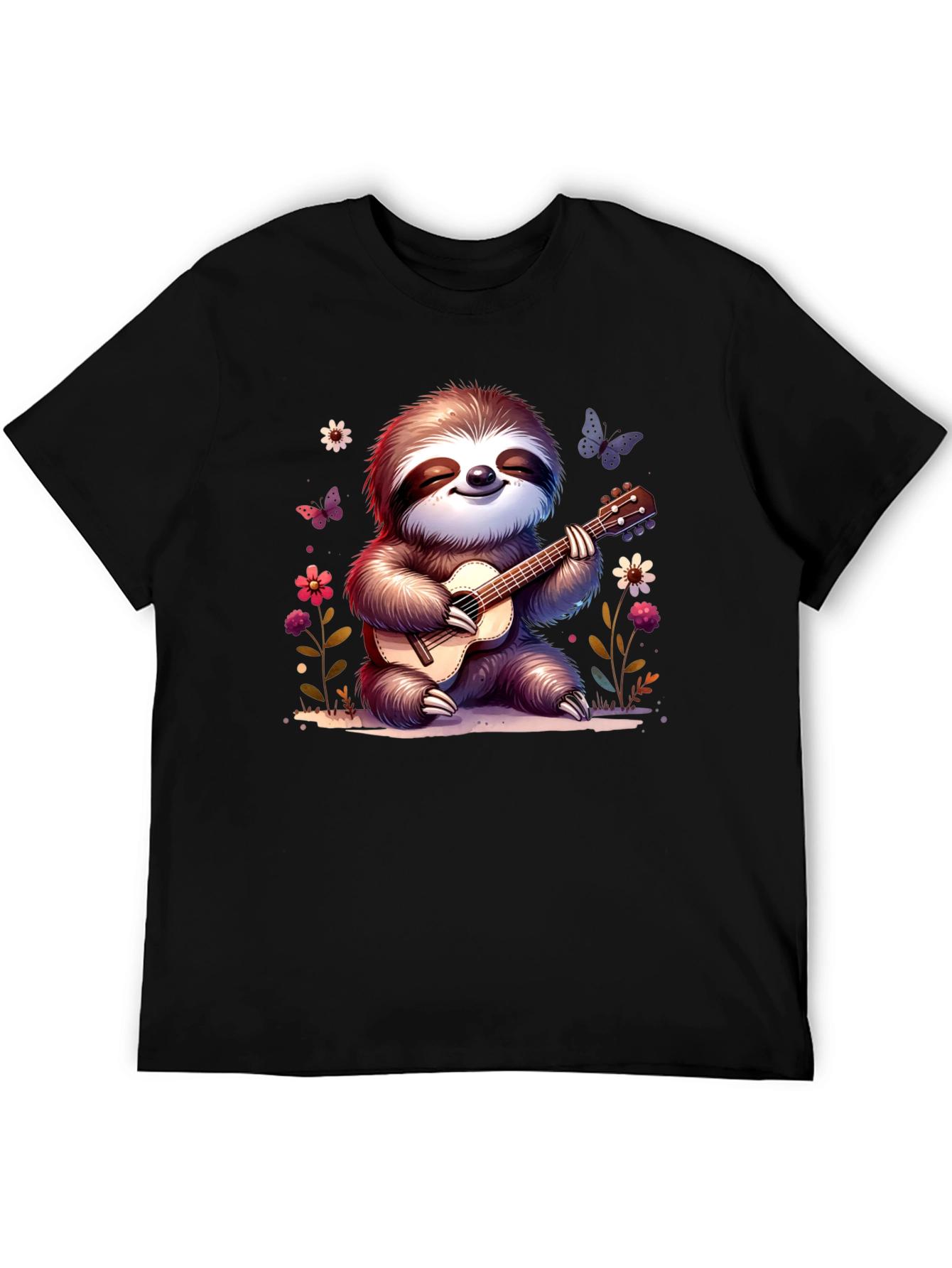 Black Cute Sloth Guitarist Graphic T-Shirt view 5