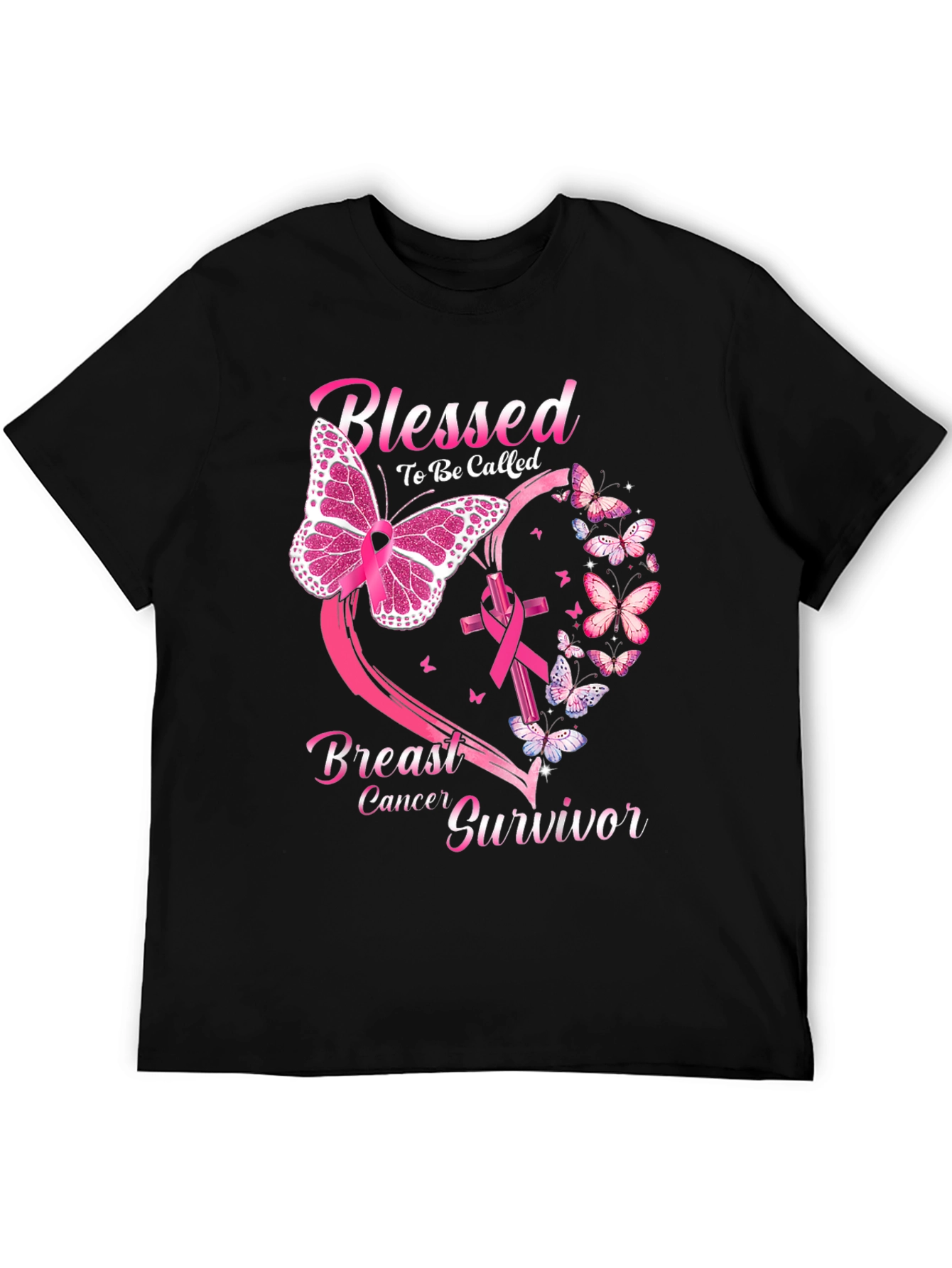 Black Breast Cancer Survivor Butterfly T-Shirt view 5