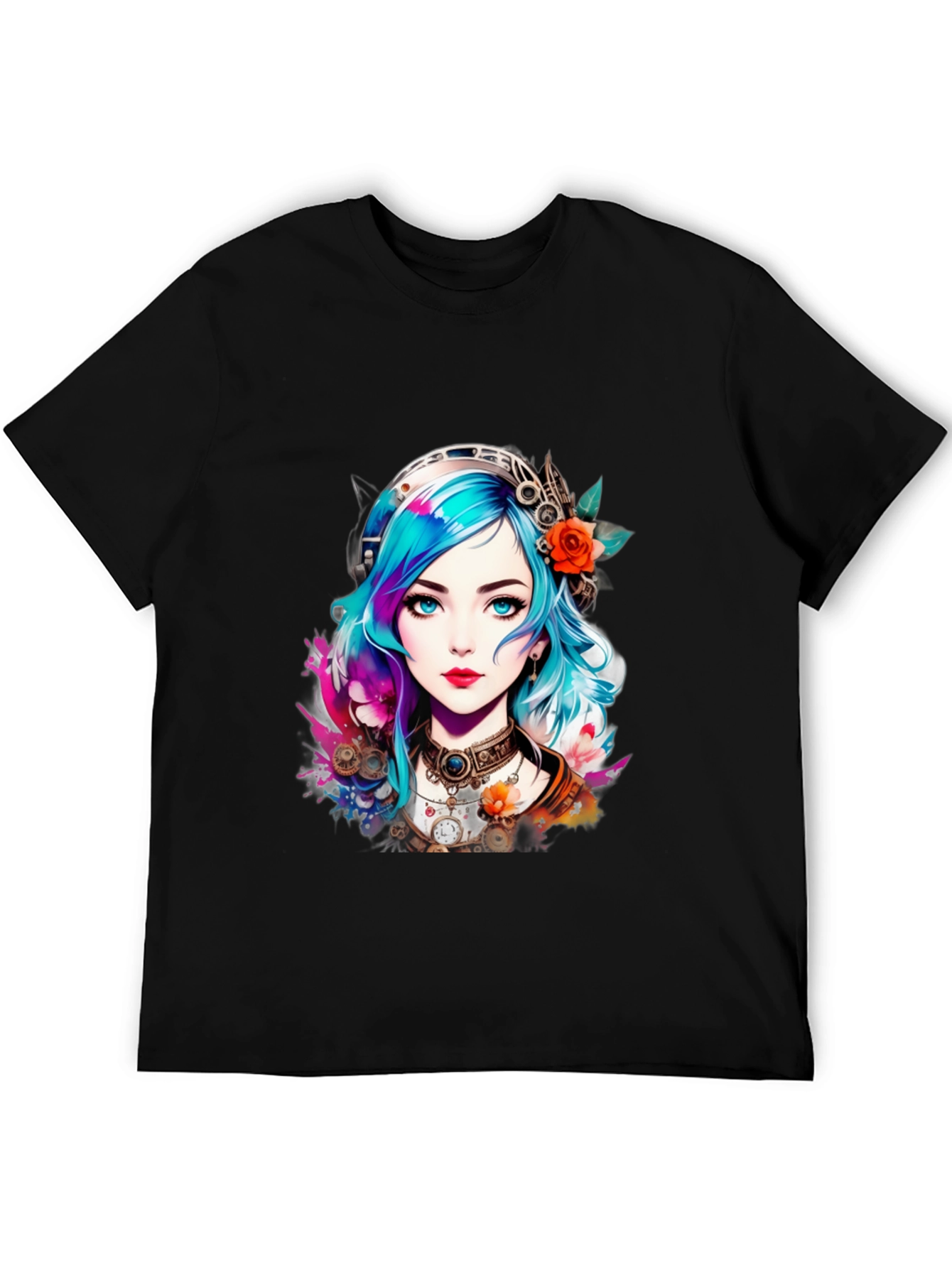 Black Steampunk Anime Girl Graphic Tee view 5