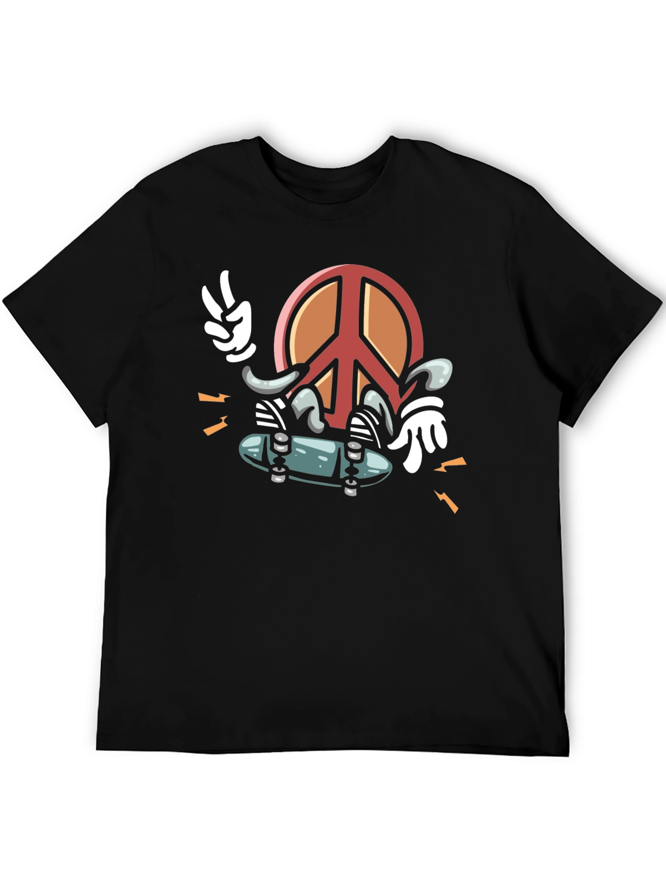 Black Cool Peace Sign Skateboarder Graphic Black T-Shirt view 5