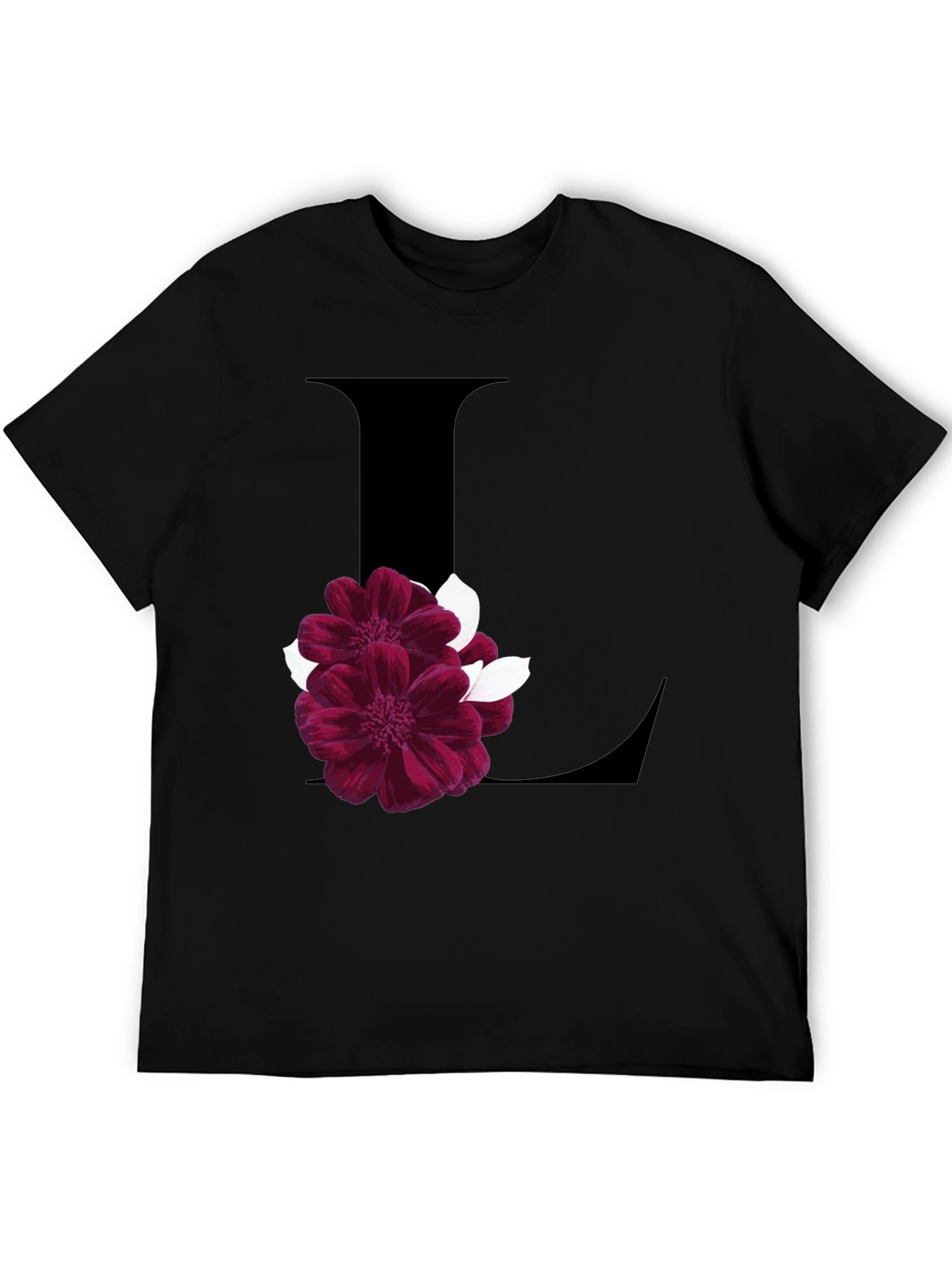 Black Floral Letter L Black T-Shirt view 5