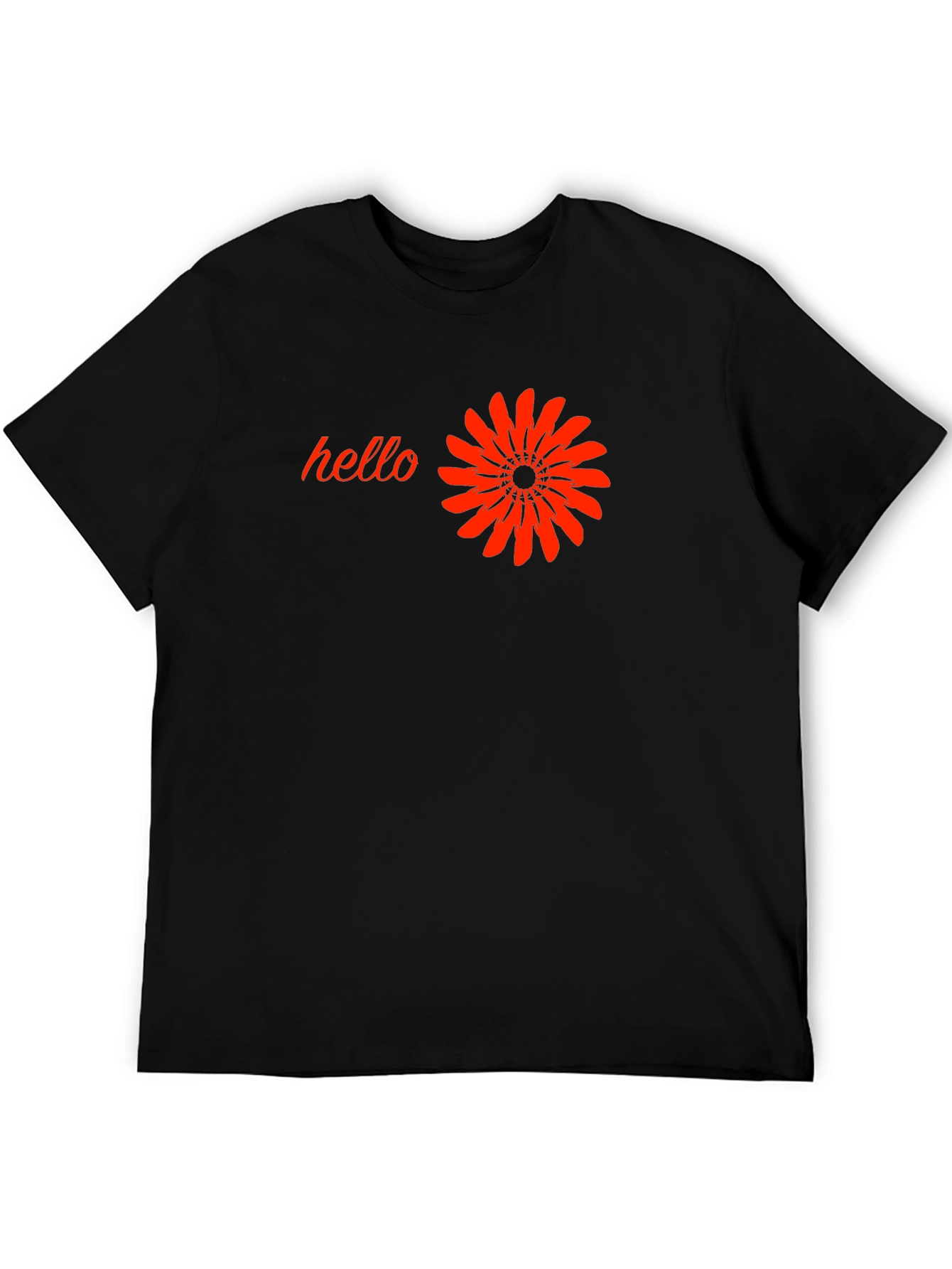Black Black T-Shirt with 'Hello' and Flower Design view 5