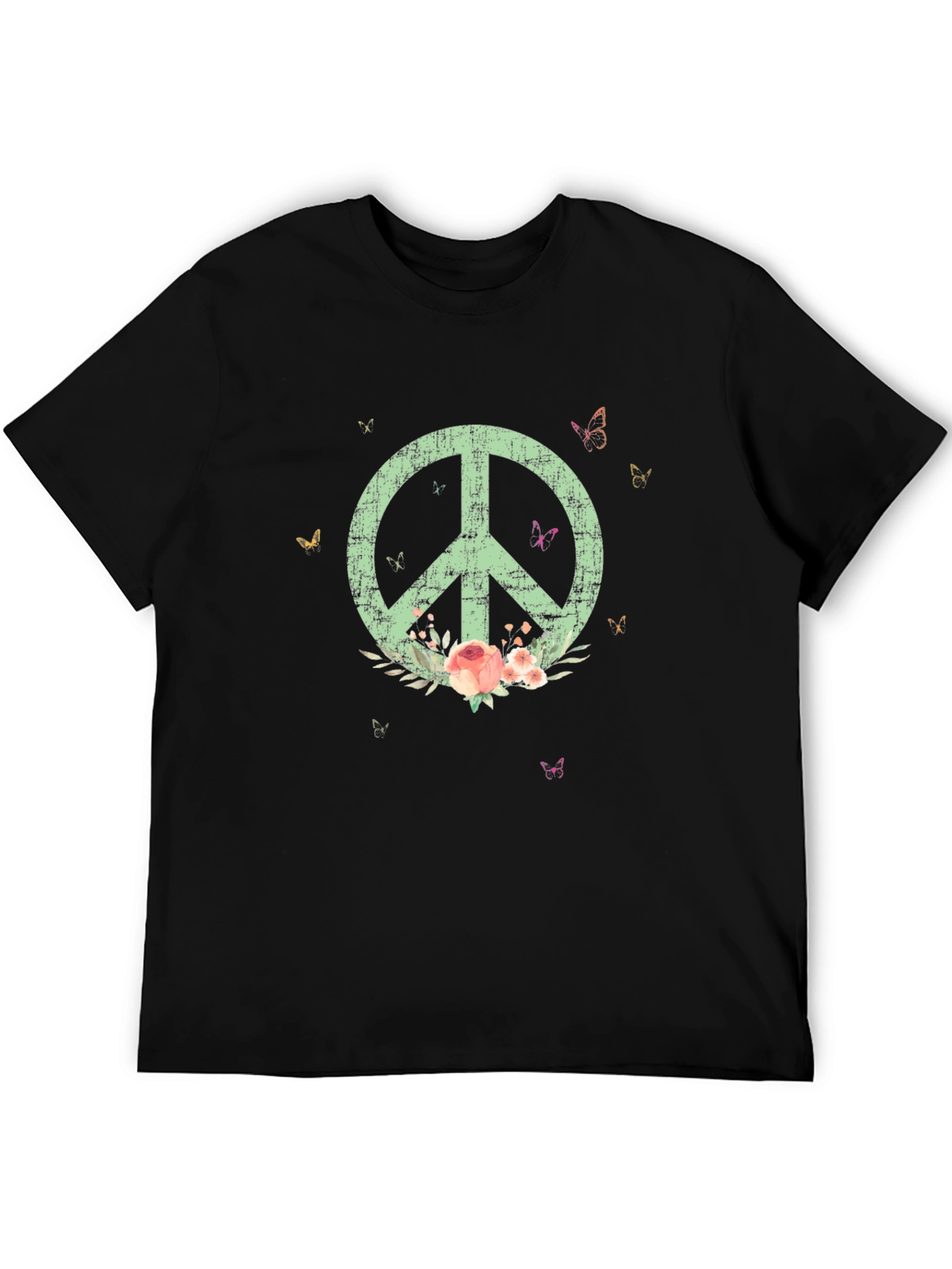 Black Peace Sign T-Shirt with Floral Accents - Stylish & Unique view 5