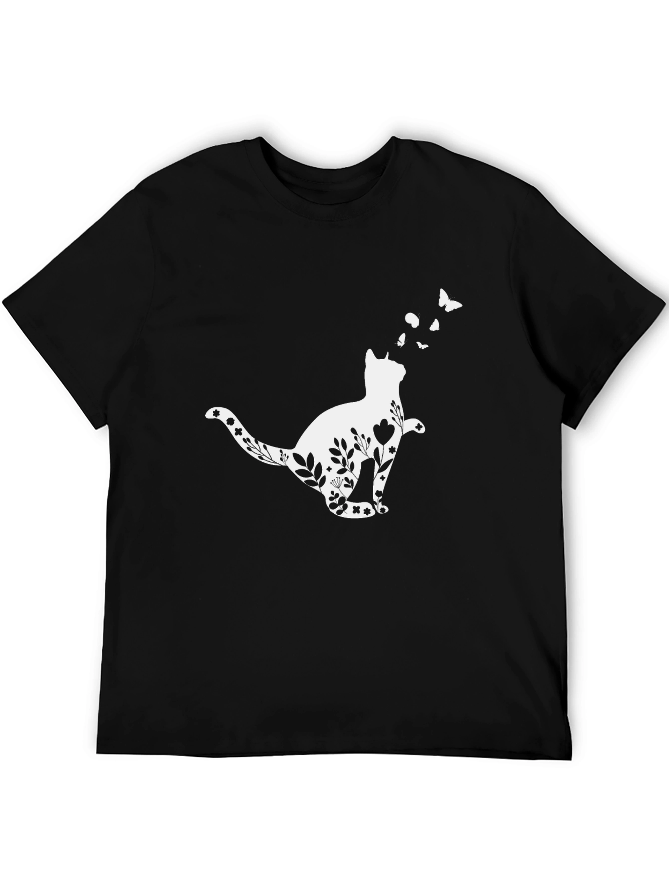 Black Floral Cat T-Shirt - Whimsical Black Tee view 5