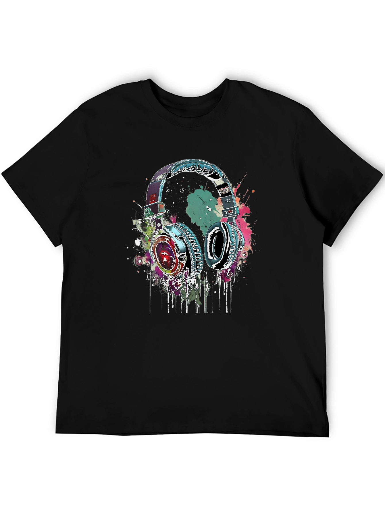Black Vibrant Headphones Graphic Black T-Shirt view 5