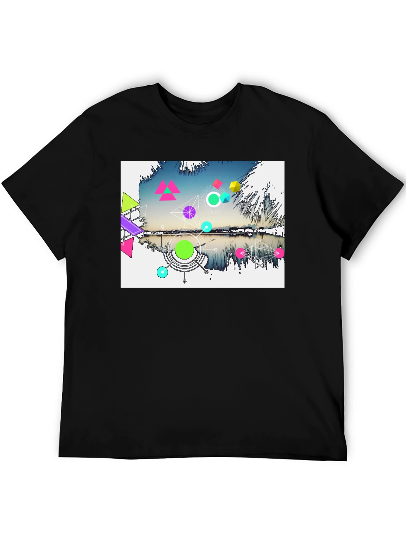 Black Geometric Lake Design Men's Black T-Shirt view 5