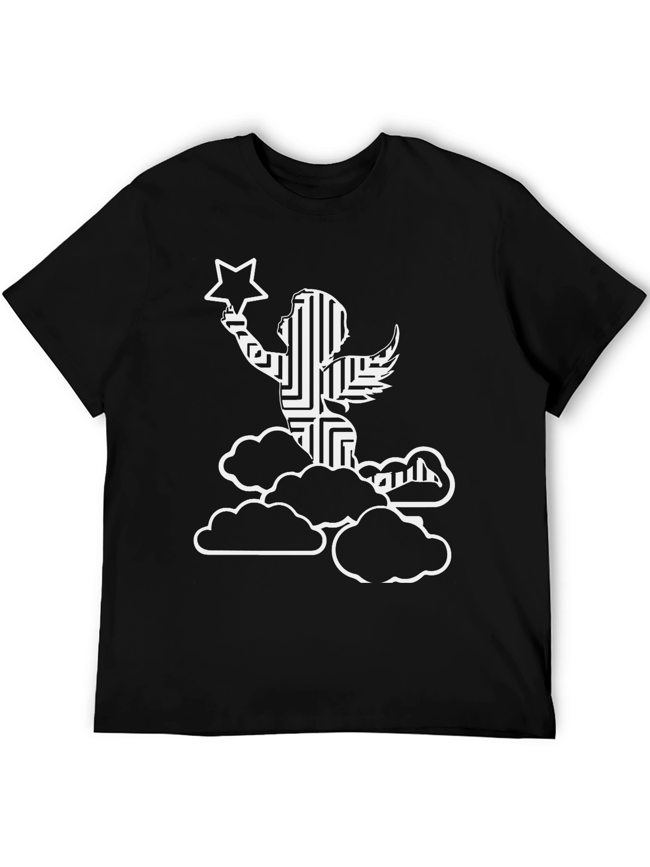 Black Angel & Stars Graphic Tee - Soft Black Cotton Blend view 5