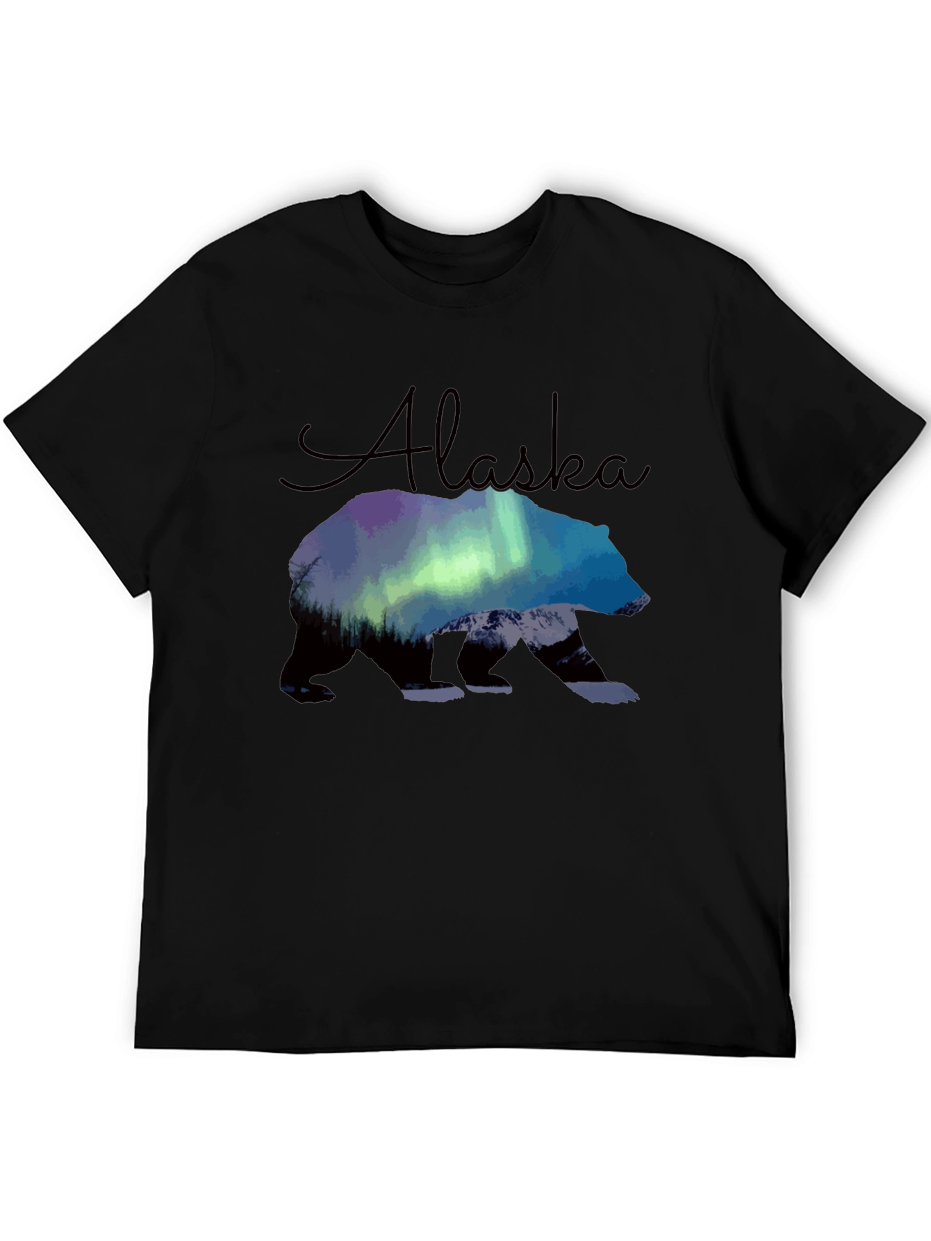 Black Alaska Bear Northern Lights Graphic T-Shirt view 5