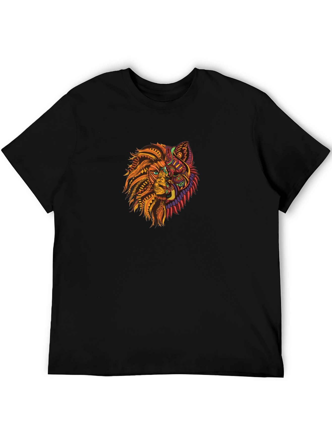 Black Tribal Lion Wolf Graphic Black T-Shirt view 5