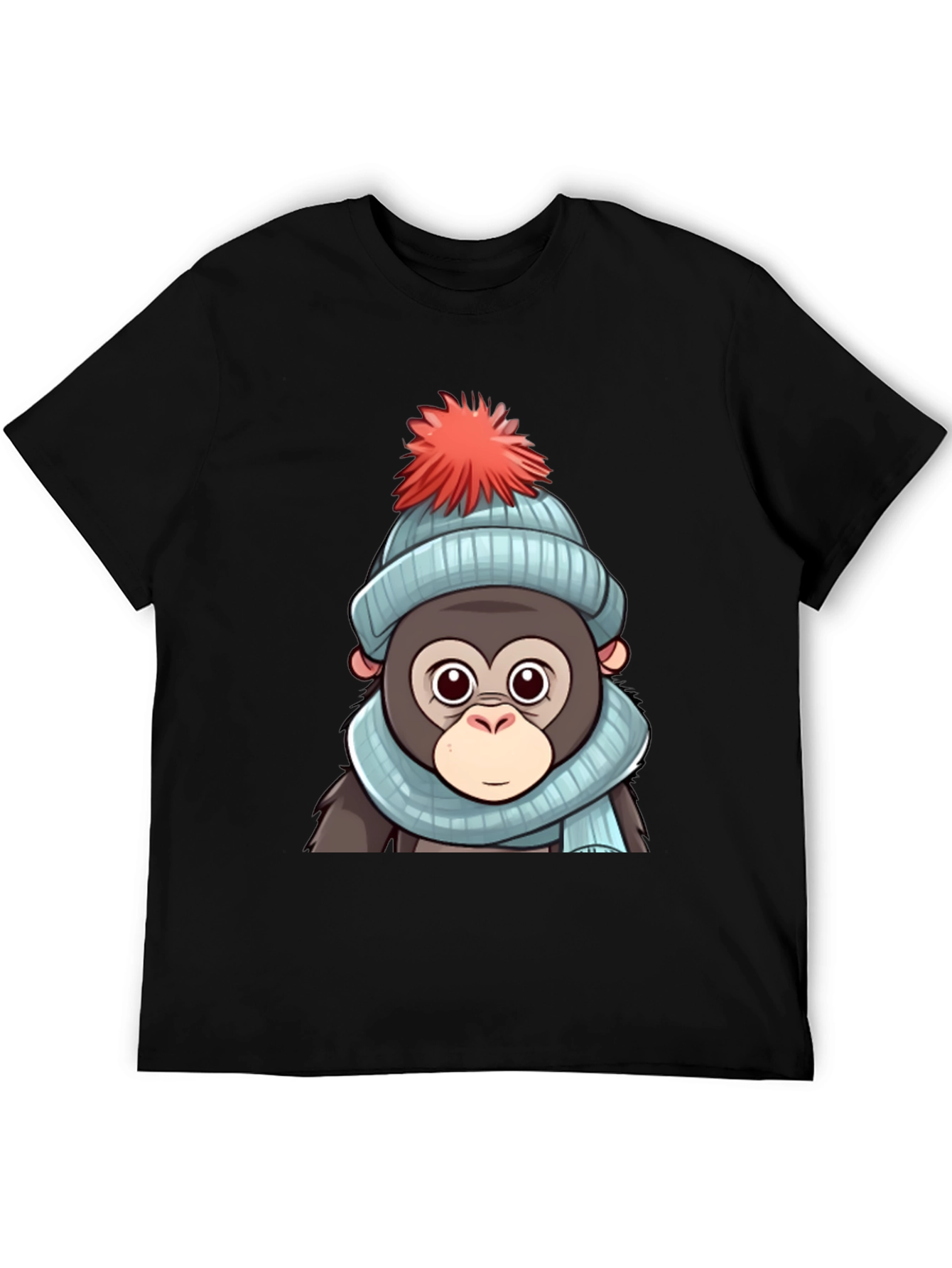 Black Cute Cartoon Monkey in Winter Hat T-Shirt view 5