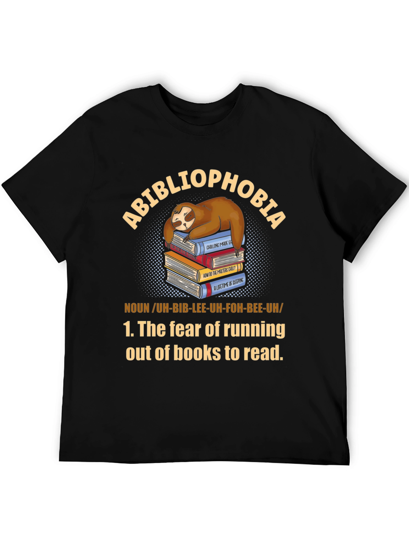 Black Abibliophobia Sloth Book Lover T-Shirt view 5