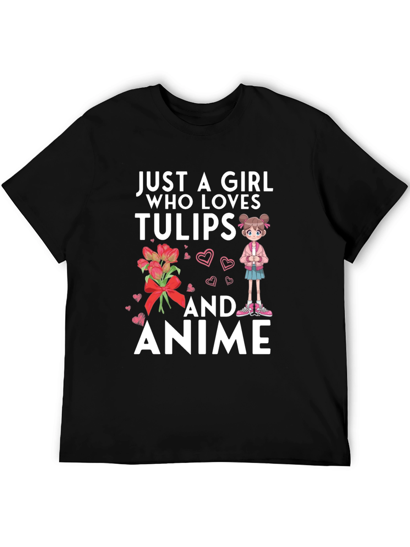 Black Just A Girl Who Loves Tulips and Anime T-Shirt view 5