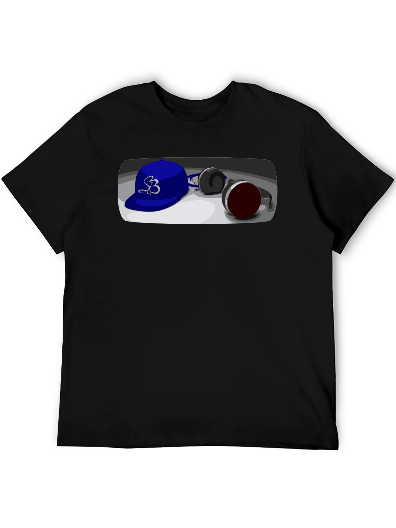 Black Cool Cartoon Blue Hat and Headphones Graphic Tee view 5