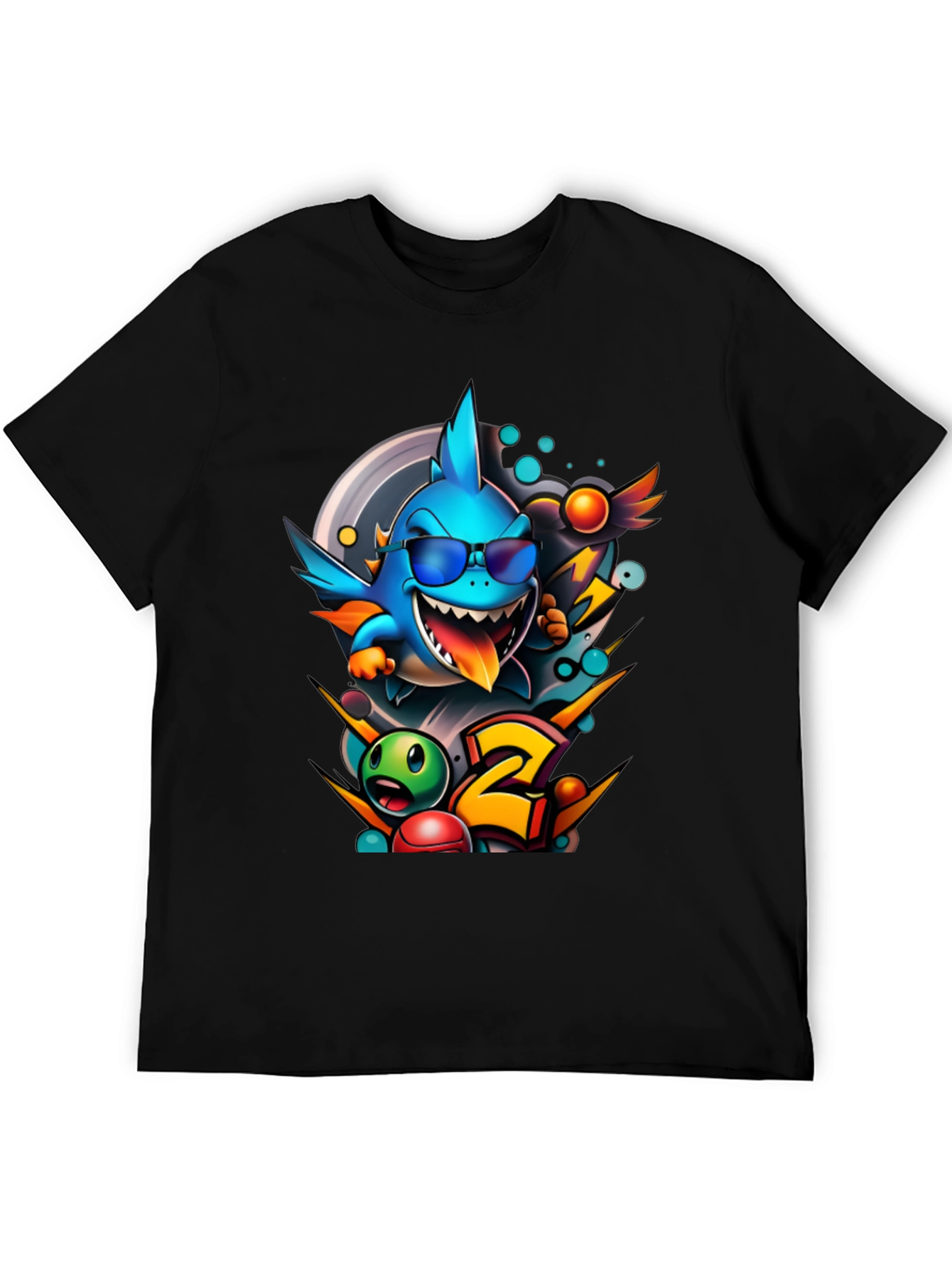 Black Cool Shark Cartoon Graphic Print T-Shirt view 5