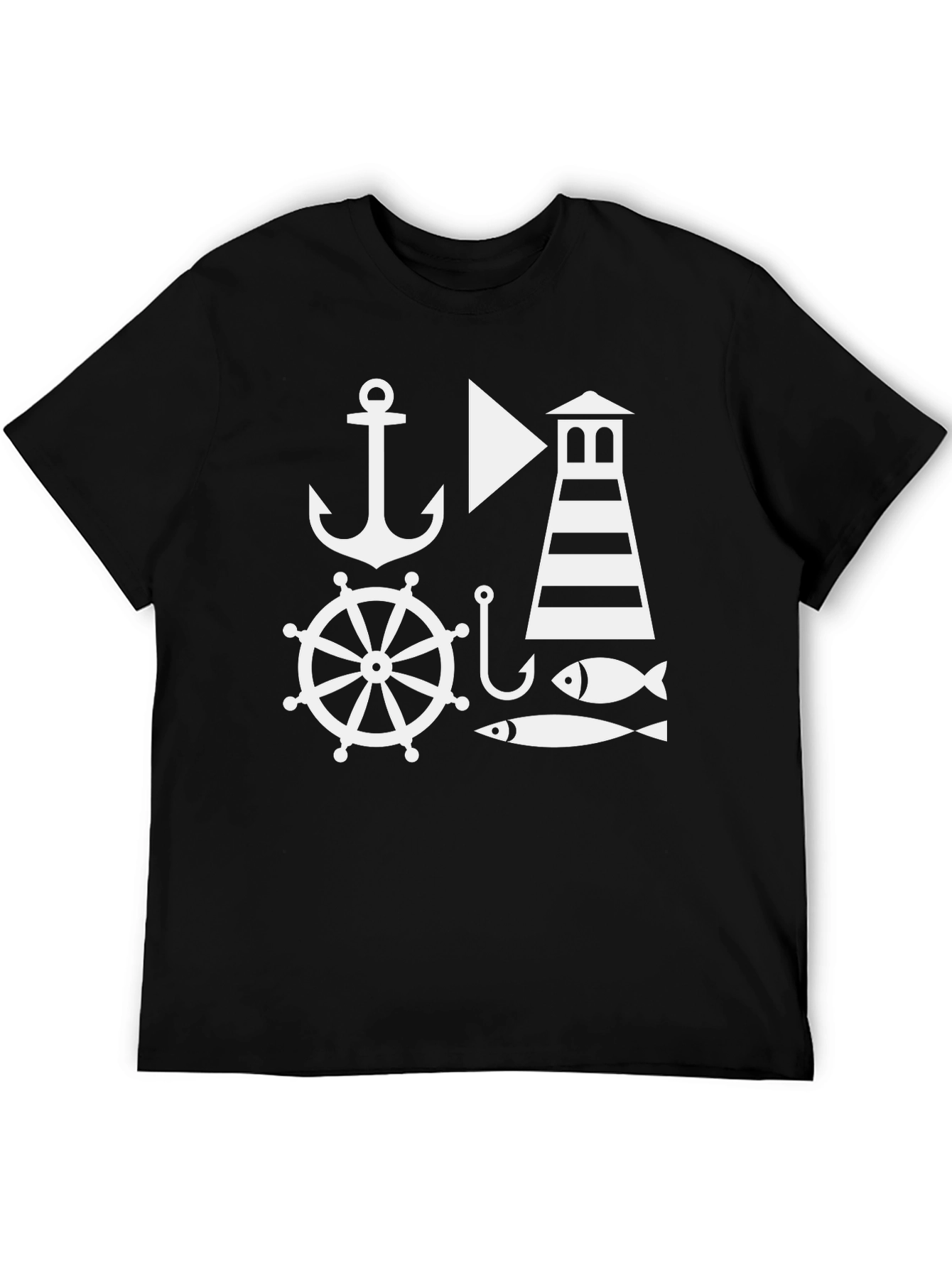 Black Nautical Theme Men's Black T-Shirt: Anchor, Lighthouse, Fish view 5