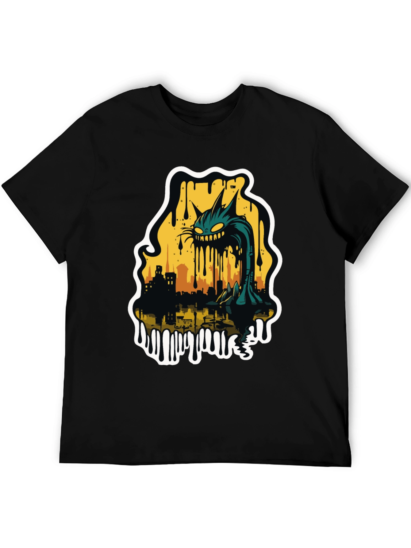 Black Monster Cat Cityscape Graphic Tee - Black view 5