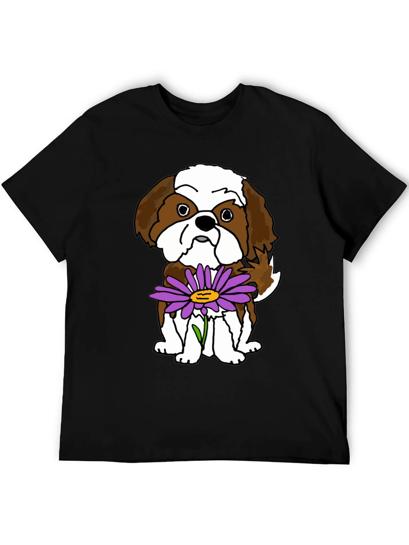 Black Cute Shih Tzu Dog with Flower Graphic T-Shirt view 5