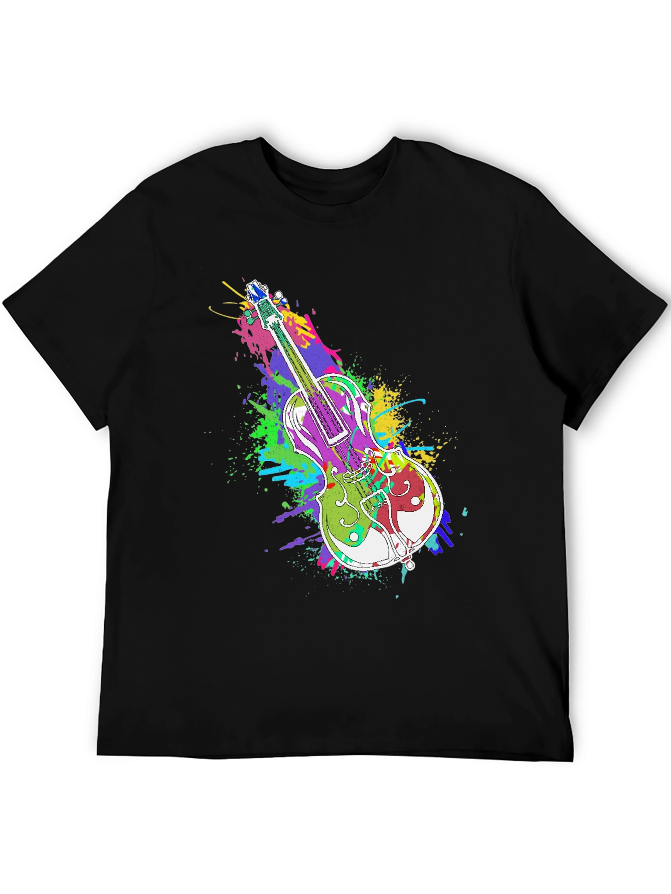 Black Colorful Violin Splatter Print T-Shirt - Unique Music Design view 5