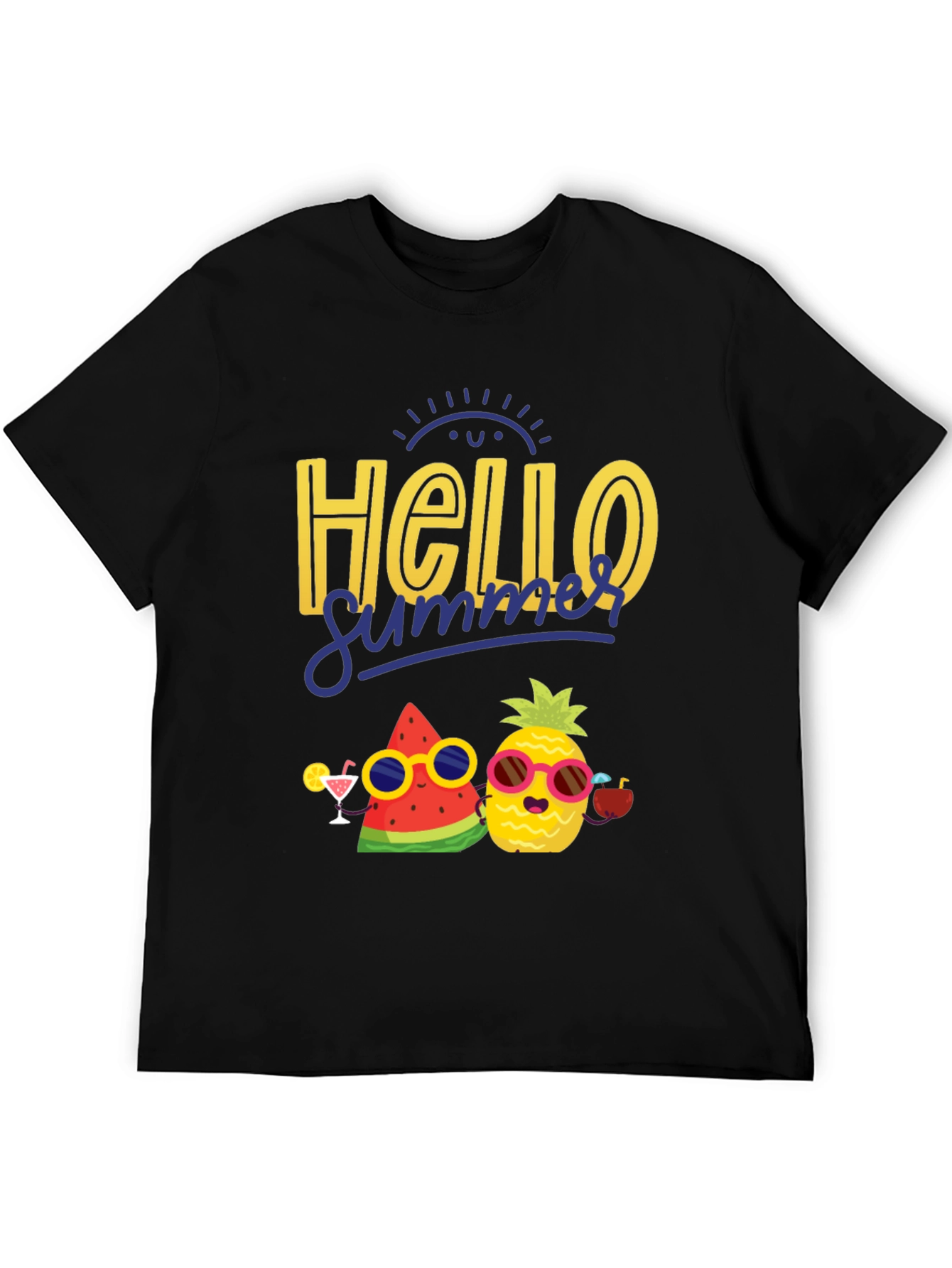 Black Hello Summer Graphic T-Shirt: Pineapple & Watermelon view 5