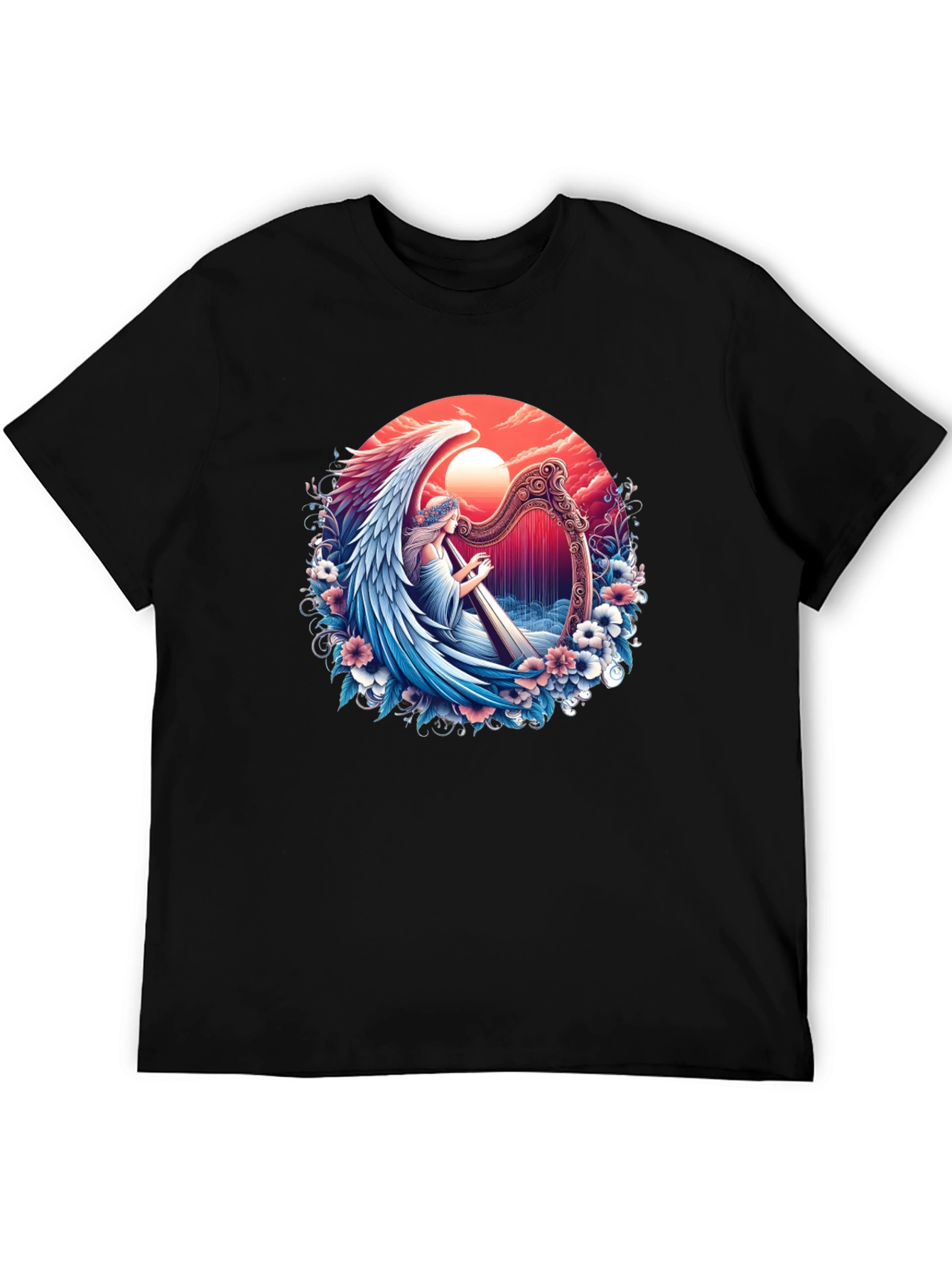 Black Angel Harpist Graphic T-Shirt - Celestial Harmony view 5