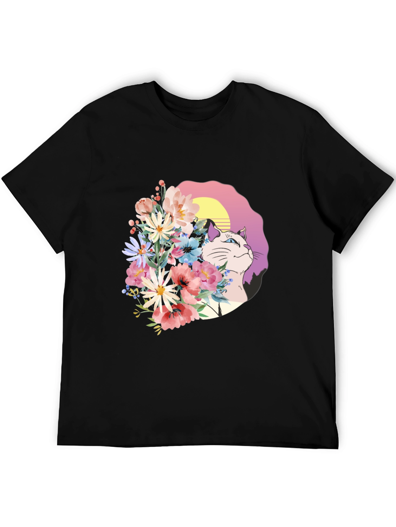Black Floral Cat Graphic Black T-Shirt view 5