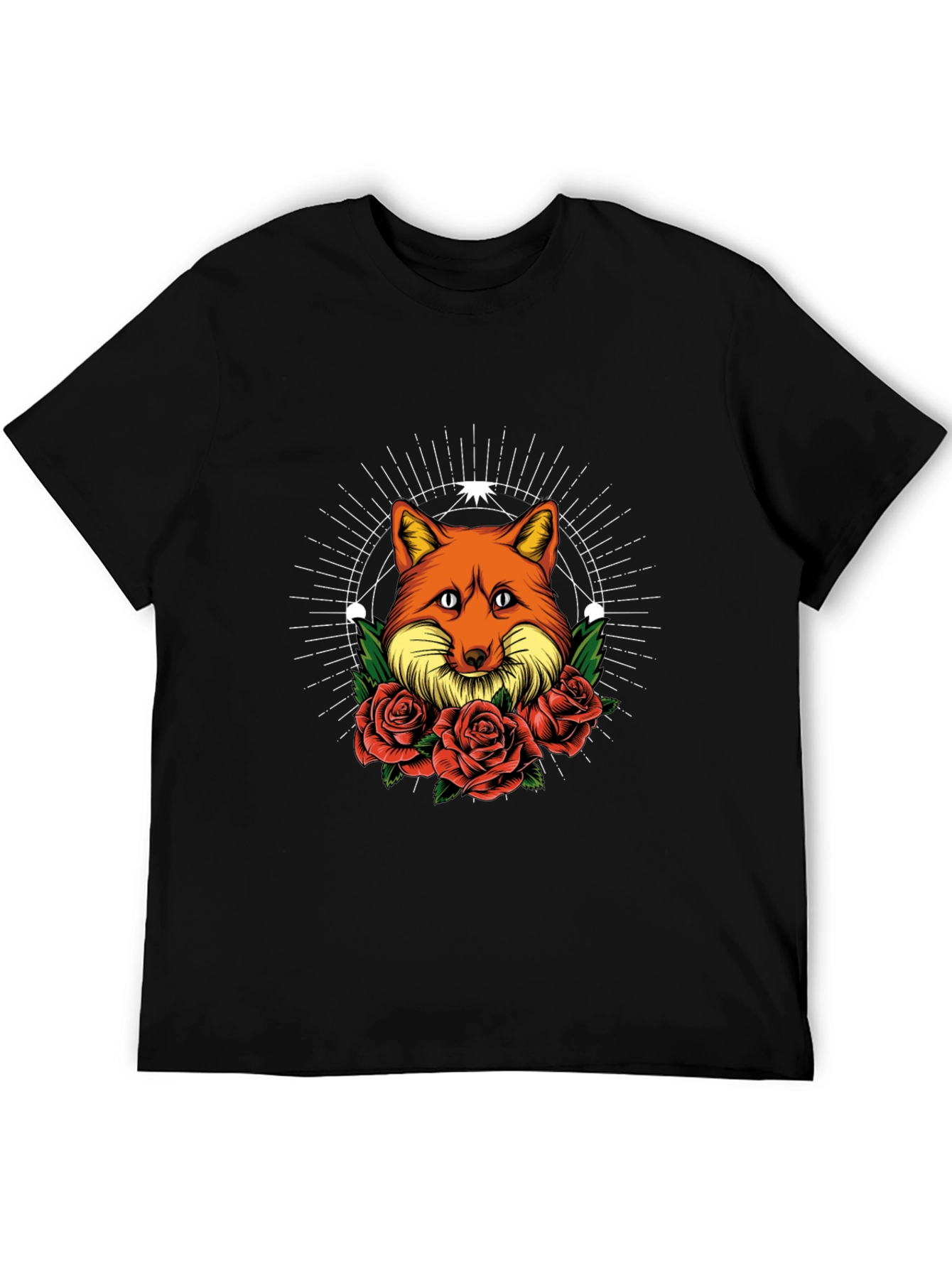 Black Fox & Roses Graphic Print Tee - Stylish Men's Black T-Shirt view 5