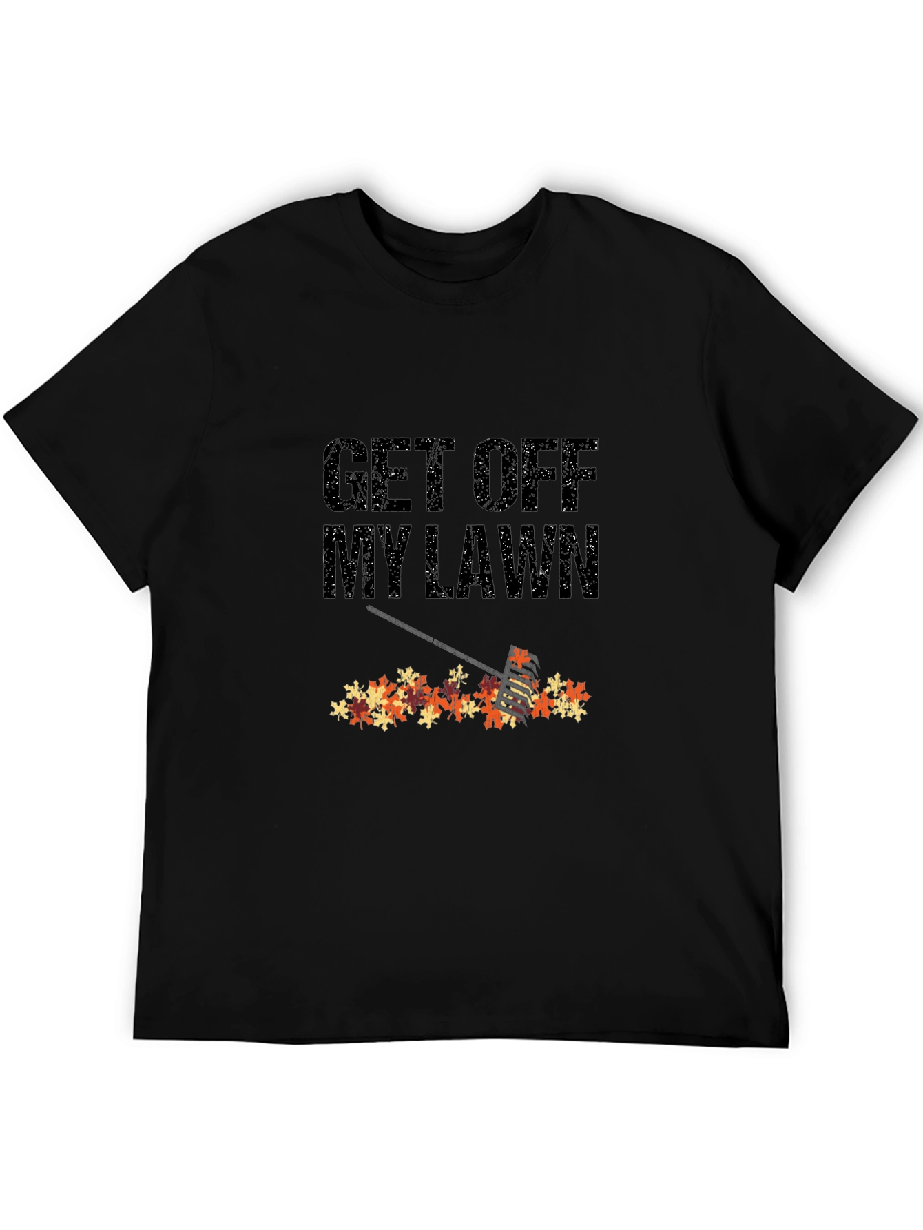 Black Get Off My Lawn Fall Leaves Rake T-Shirt view 5