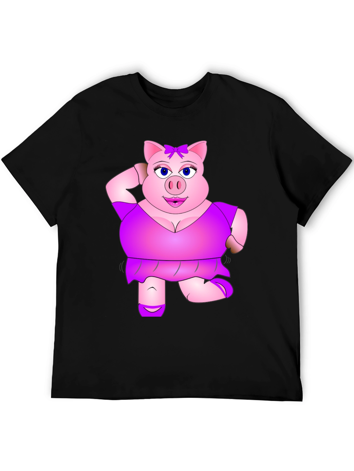Black Funny Pig Lady Black T-Shirt Novelty Graphic Tee view 5