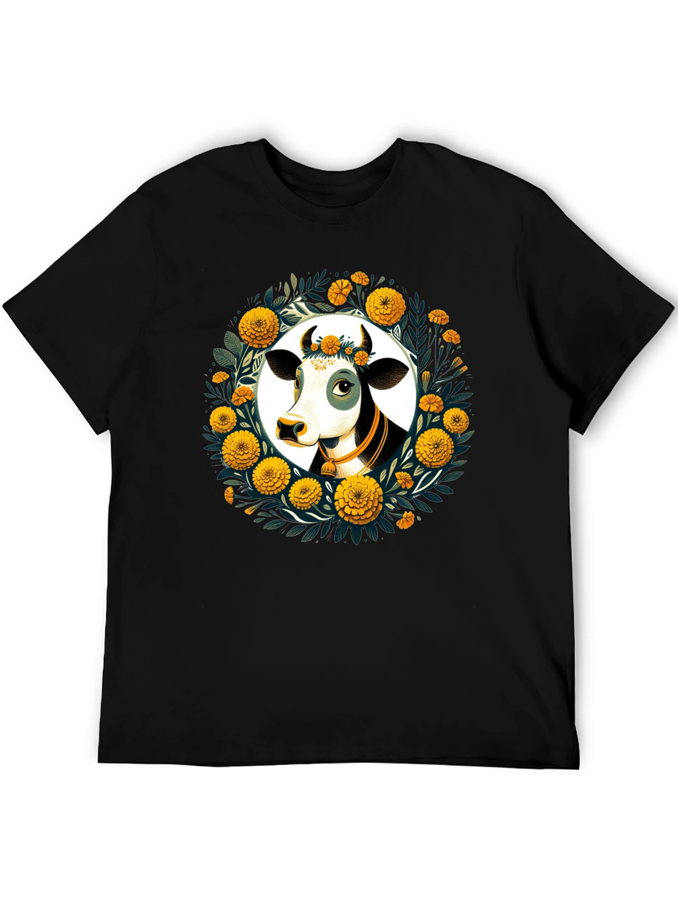 Black Floral Cow Graphic Tee - Black Unisex T-Shirt view 5