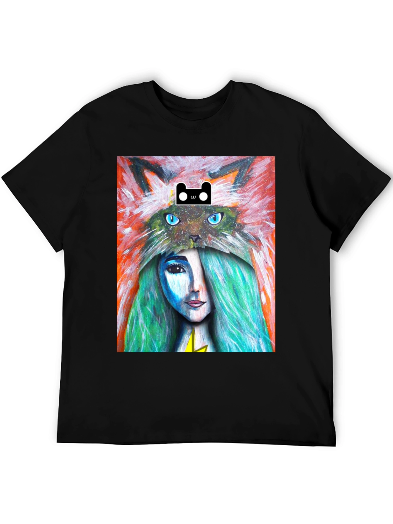 Black Artistic T-Shirt with Cat and Woman Design view 5