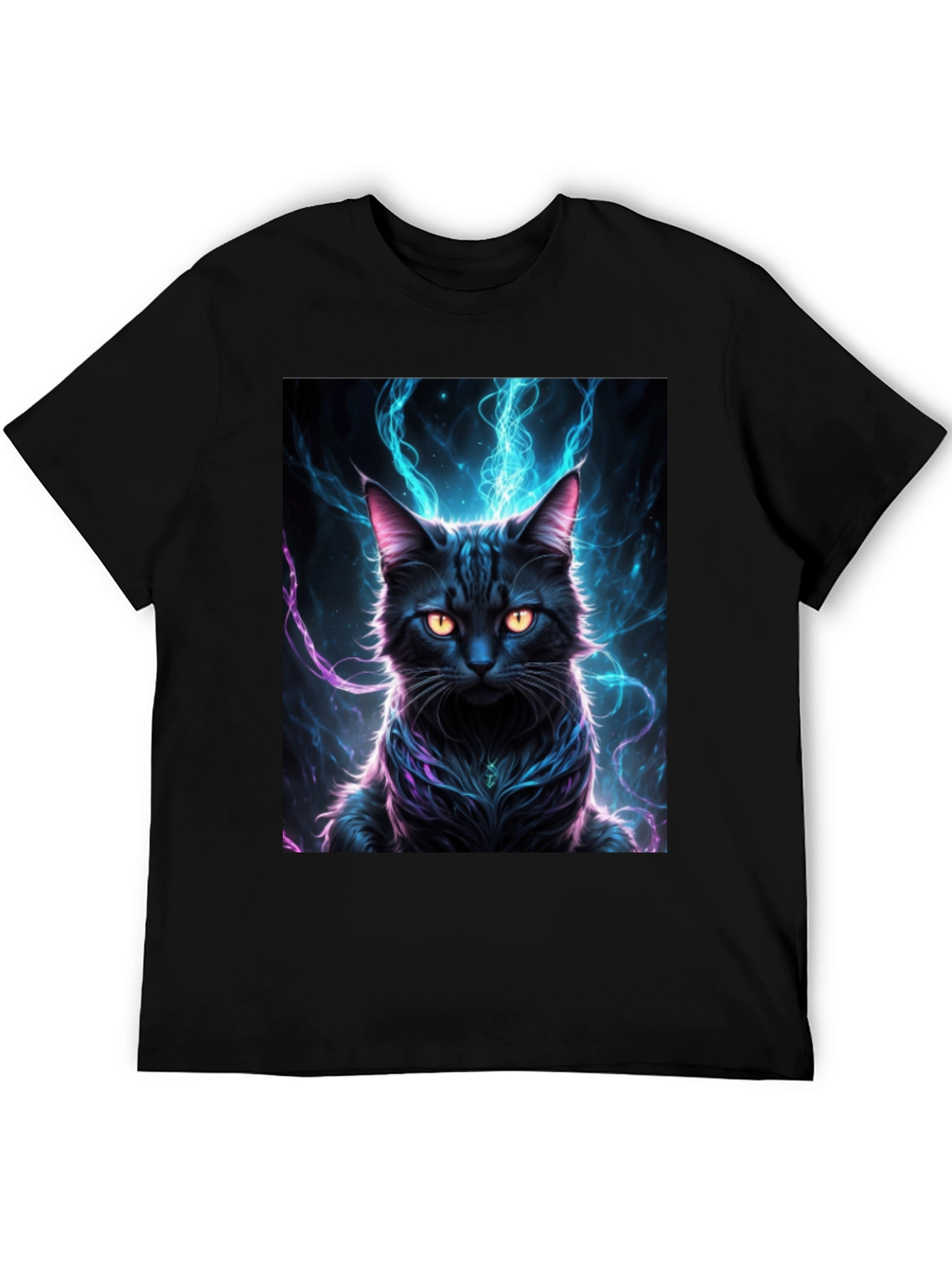 Mystic Feline T-Shirt: Black Cat with Electric Aura Design - 5