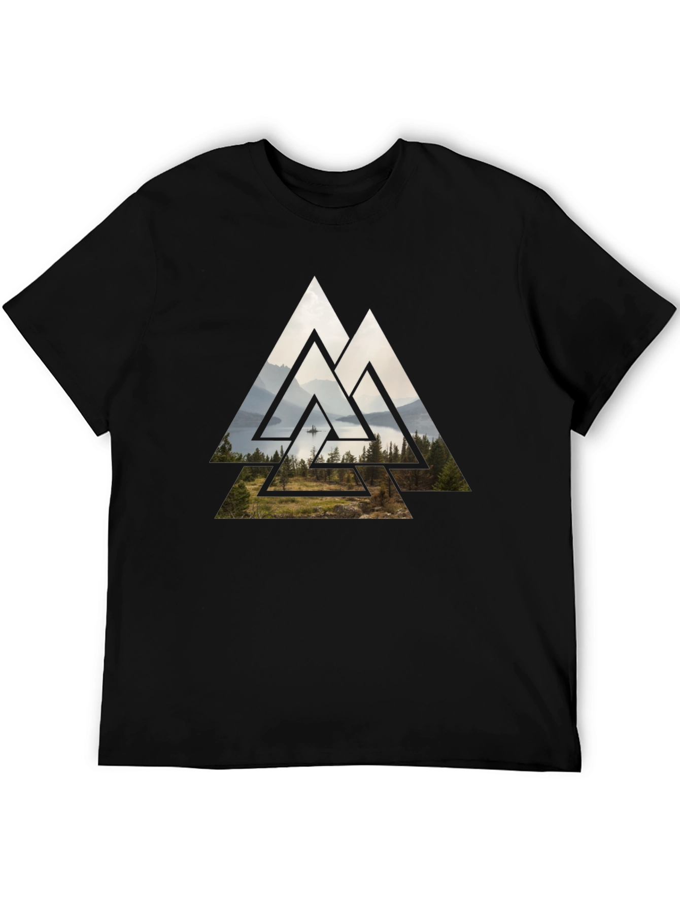 Black Geometric Landscape Graphic Tee - Black Cotton Blend view 5