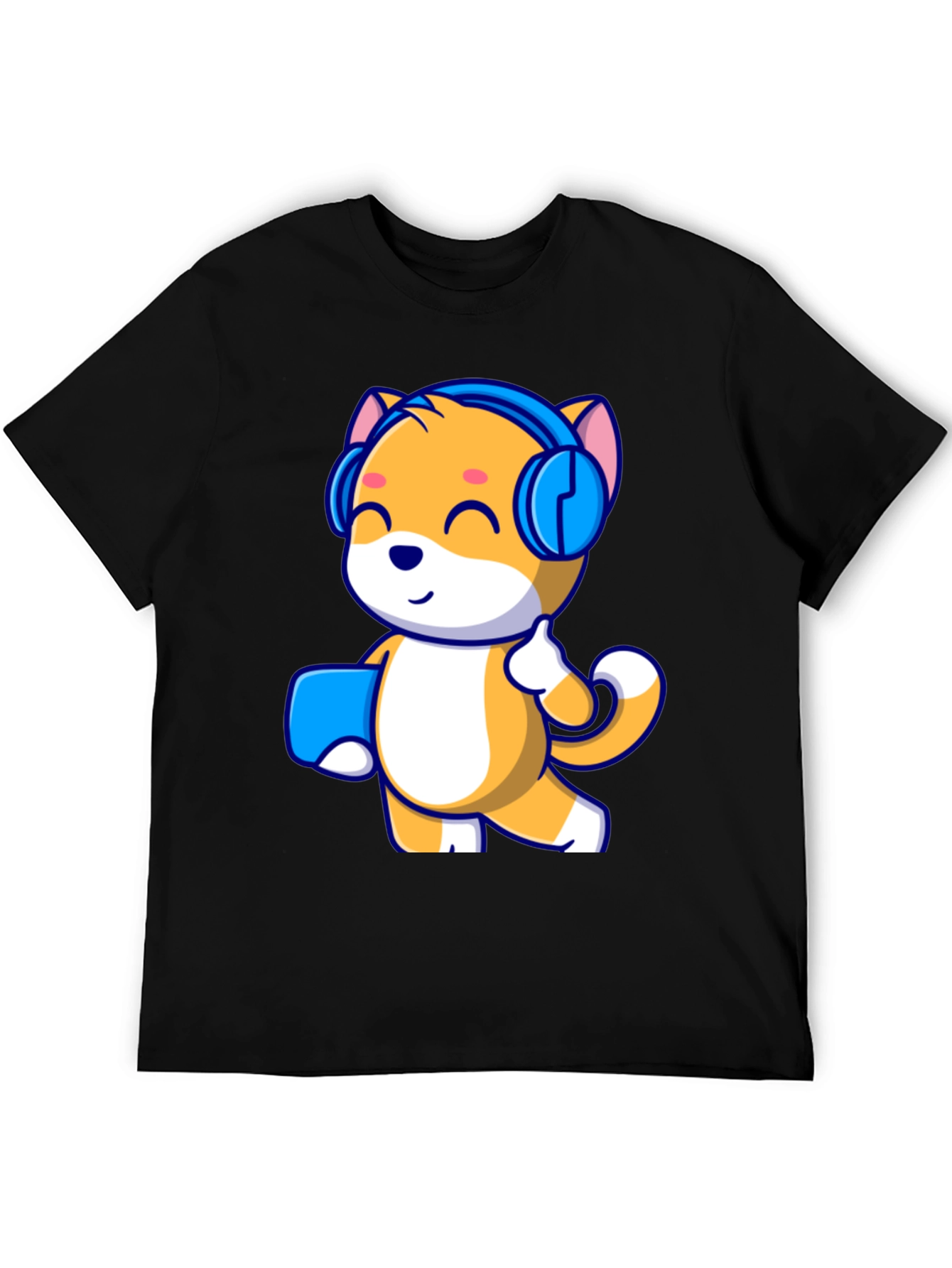 Black Cute Cartoon Cat with Headphones Black T-Shirt view 5