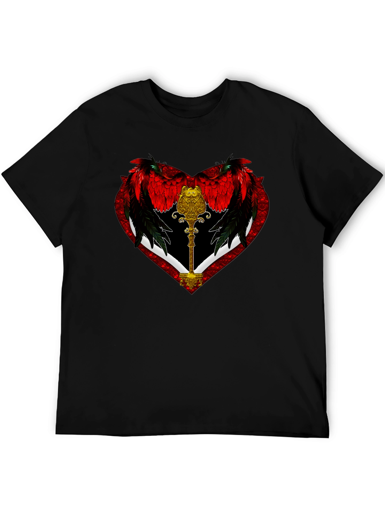 Black Winged Heart Key Graphic Black T-Shirt view 5