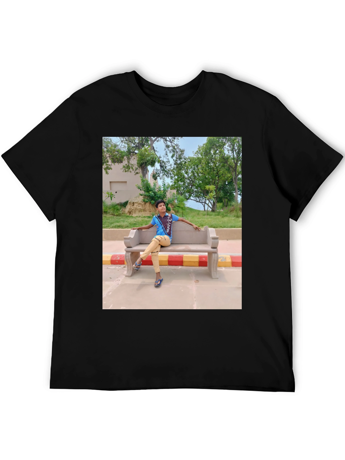 Black Black T-Shirt with Picture of Boy on Bench view 5
