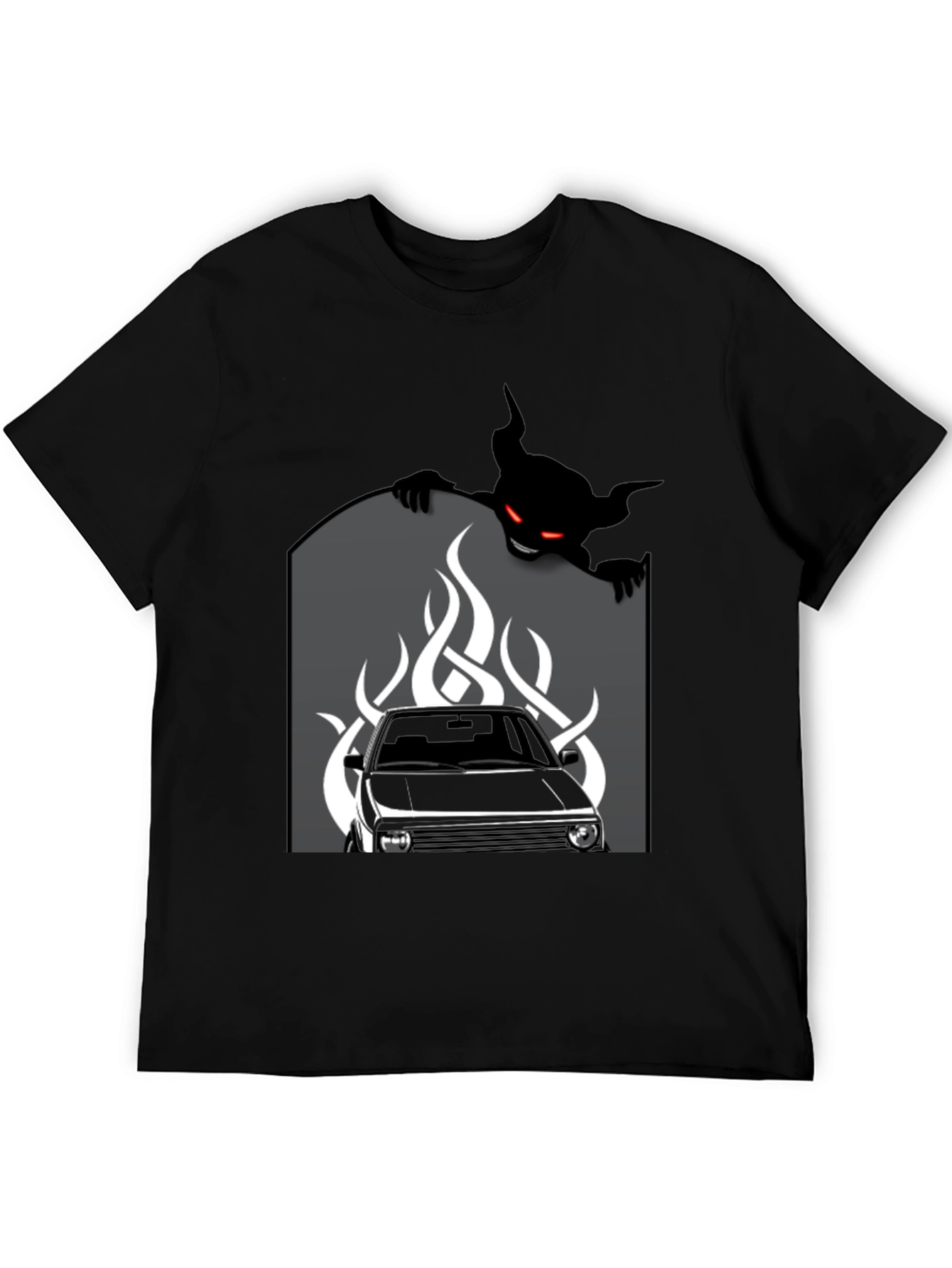 Black Men's Black Graphic Tee - Car and Devil Design view 5