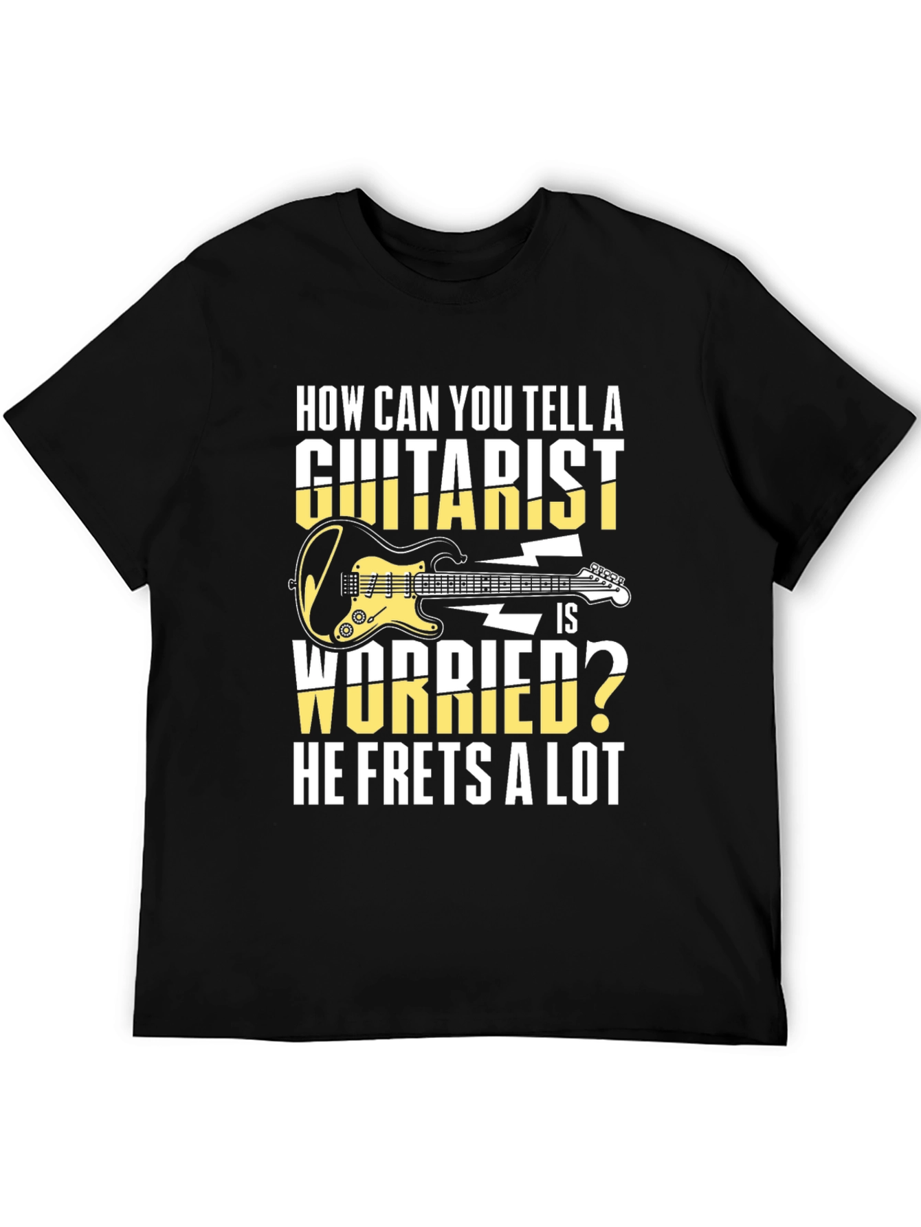 Black Guitarist Humor T-Shirt - 'He Frets a Lot' Graphic Tee view 5